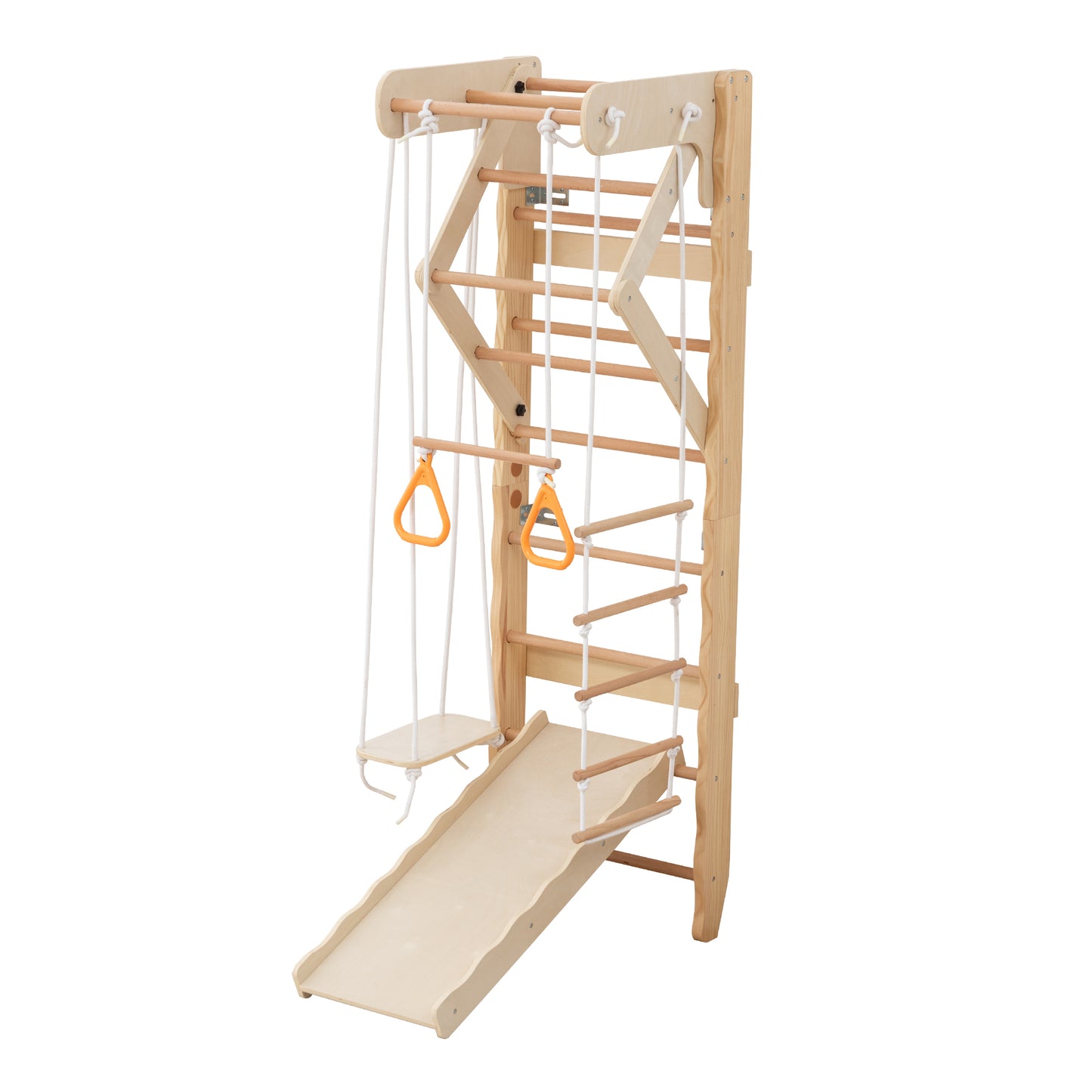6-in-1 Swedish Ladder Wall Gym, Indoor Kids Playground with Swing, Rope Ladder, Pull-Up Bar, Slide, Gymnastic Rings, Wooden Wall Mounted Indoor Play Set for Kids & Adults image 12