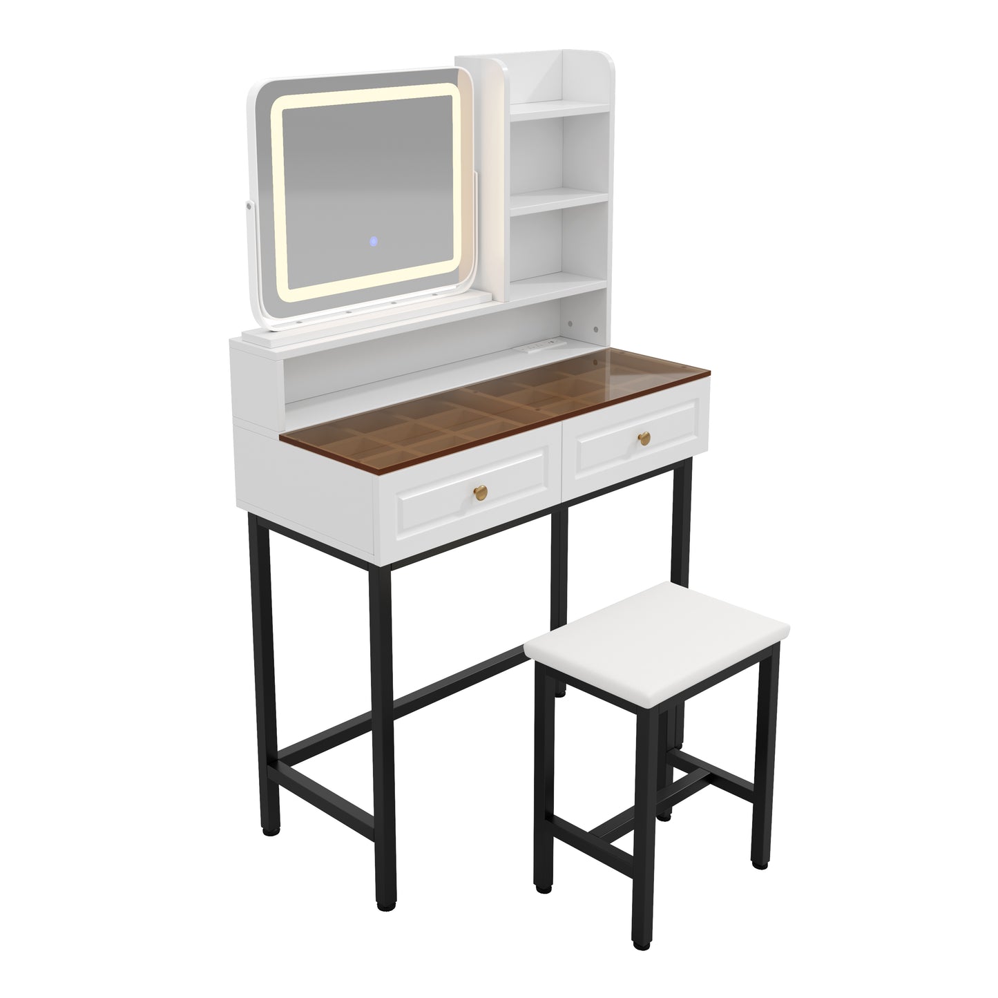 Makeup Vanity with LED Lighted Mirror, 360° Rotatable Mirror, Vanity Desk with 2 Drawers,Power Outlet and 3-Tier Shelves, Amber Glass Table Top, Dressing Table with Sturdy Metal Leg and Stool, White image 12