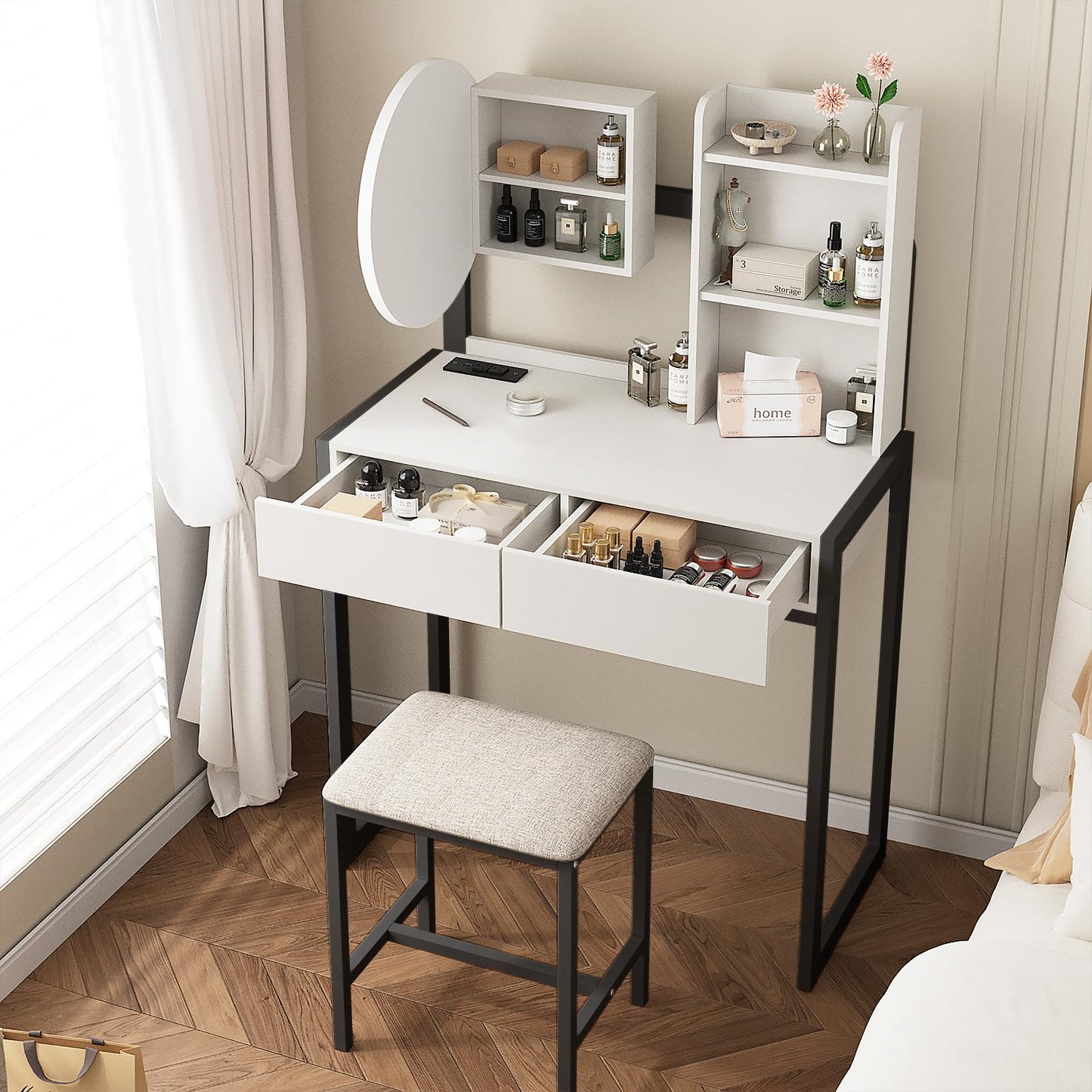 Small Vanity Desk with Mirror and Lights, Makeup Vanity Table with LED Mirror, 3 Lighting Modes, Power Outlet, Drawer, Open Shelves and Cushioned Stool for Bedroom (White and Black) image 8