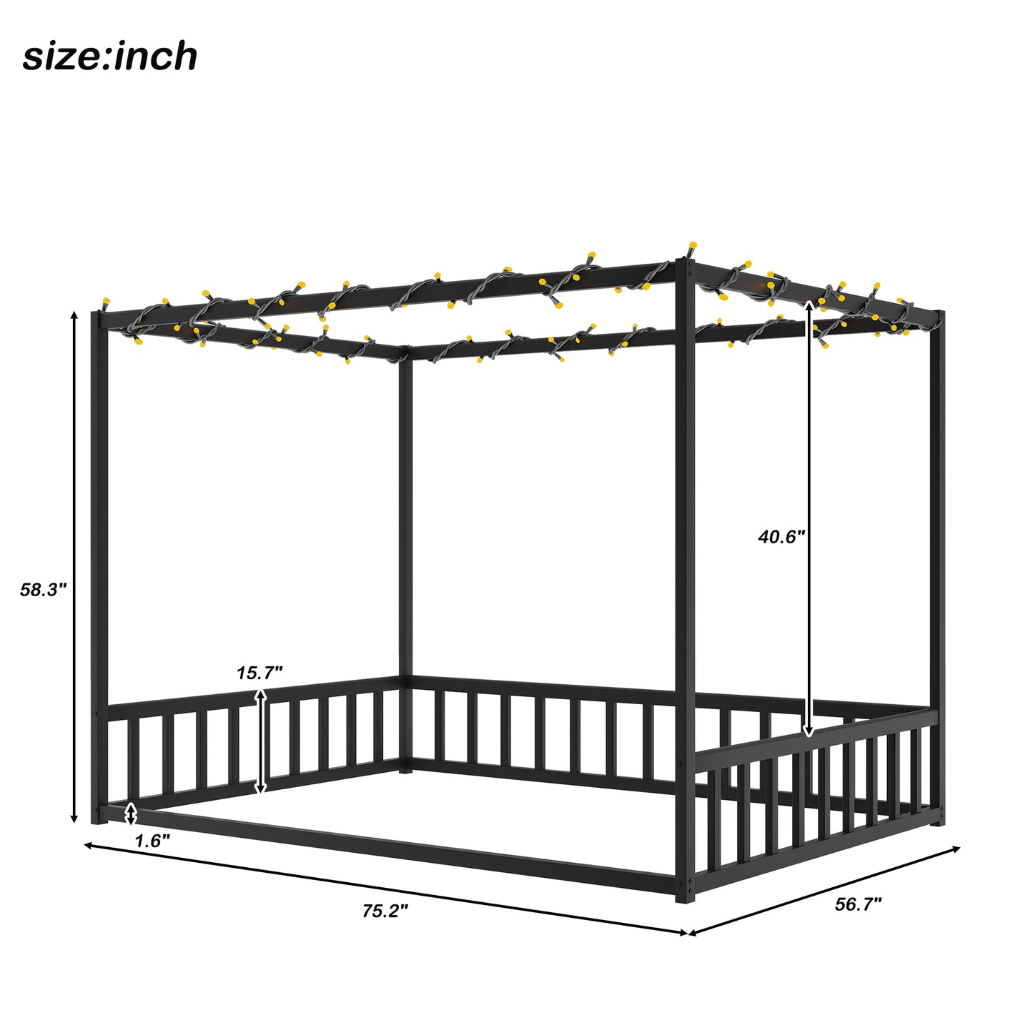 Full size sunshade floor bed, iron double-size bed frame, modern low-profile double-size bed, equipped with fence-style guardrails, black series image 8