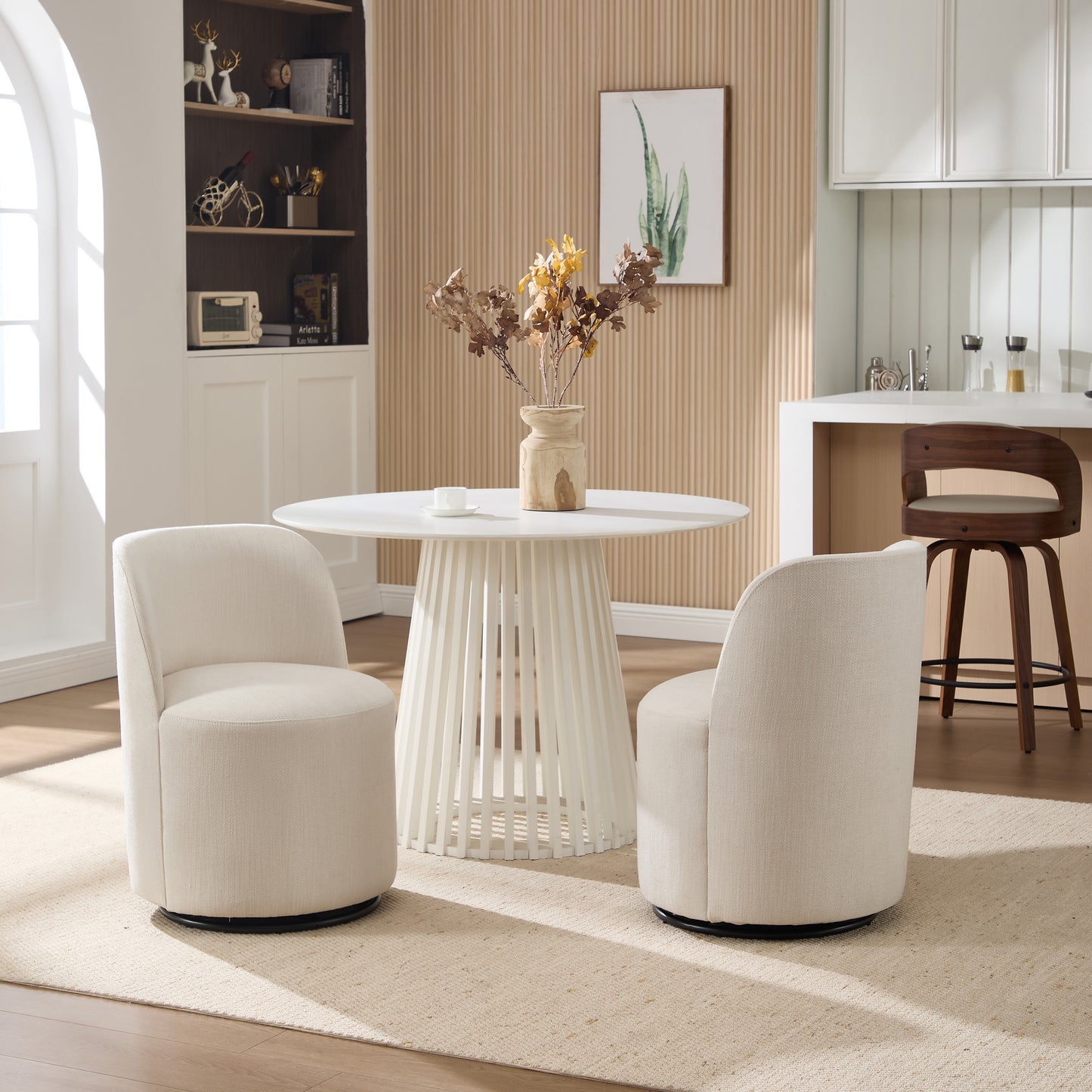 Set Of 1 Upholstered Kitchen & Dining Room Barrel Chair, Mid Century Modern Round Linen Dining Chair, 360 Degree Swivel Comfy Armless Accent Makeup Vanity Side Chair for Bedroom Living Room image 12