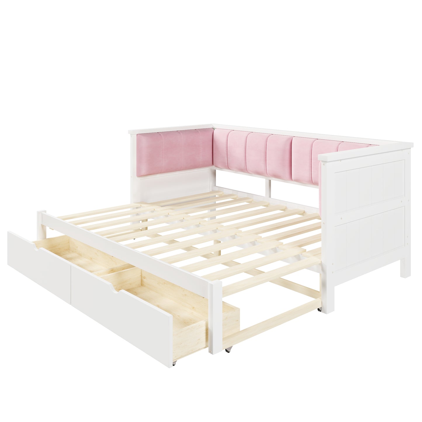 Twin XL to King Size Daybed with Two Storage Drawers and Upholstered Backrest, White+Pink image 12
