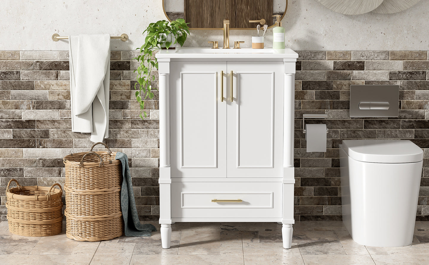24" Modern Bathroom Vanity with Ornate Motif Design & Soft-Close Hinges, Bathroom Cabinet with Drawer and Back Open Structure, Ornately Carved French Cylinder Legs image 12