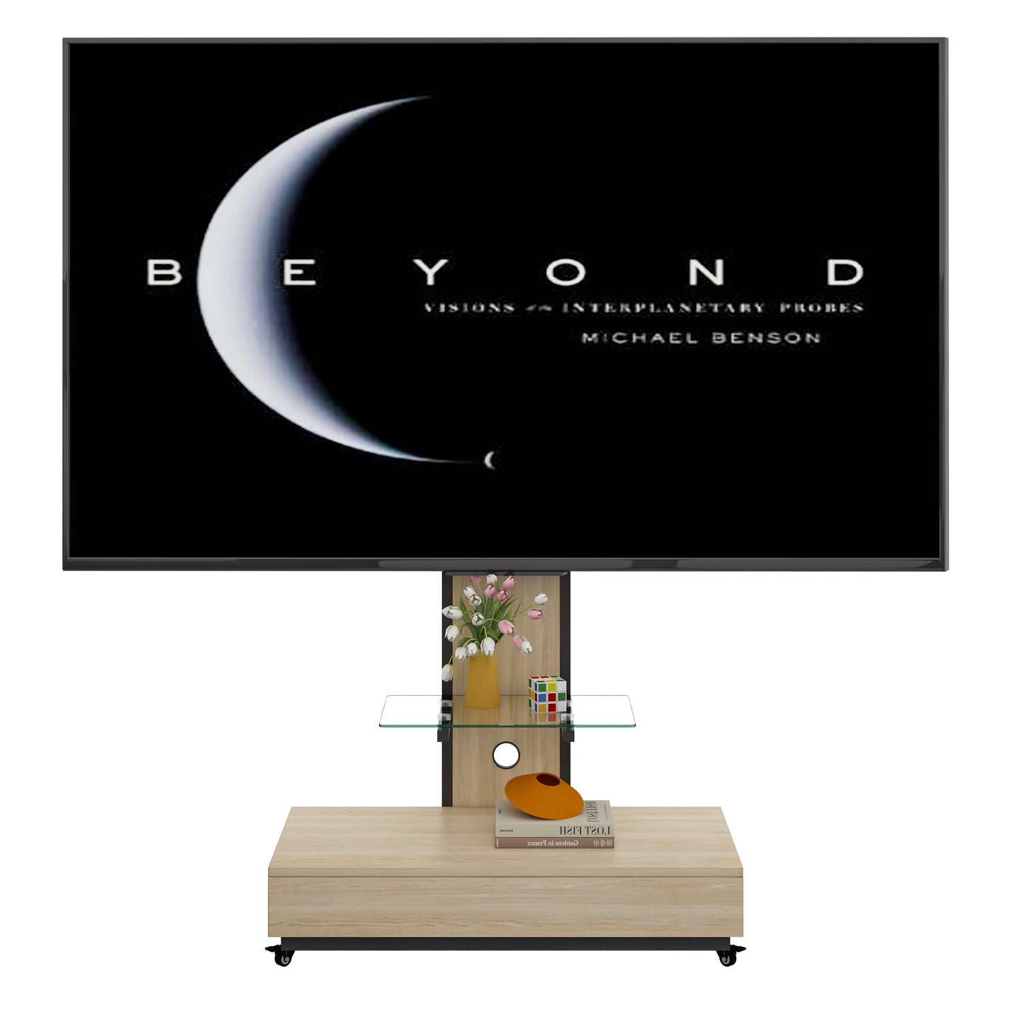 TV stand with push-pull drawer for Living Room, Bedroom,Offices,Mobile TV Cart for 32-75 inches,Wood &glass TV Stand,Floor Stand with Mount on Lockable Wheels,Natural image 12