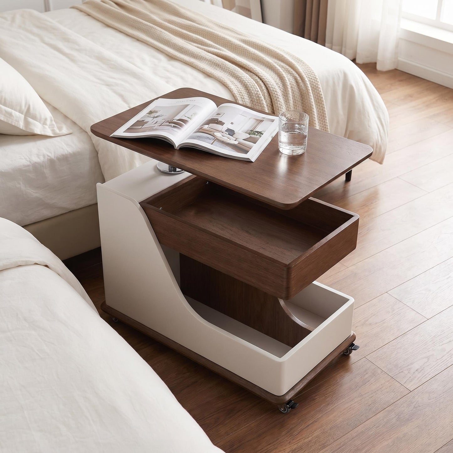 A small side table or coffee table with an adjustable height, suitable for the living room, balcony or bedroom. It is portable and features storage compartments, available in off-white and walnut. image 12
