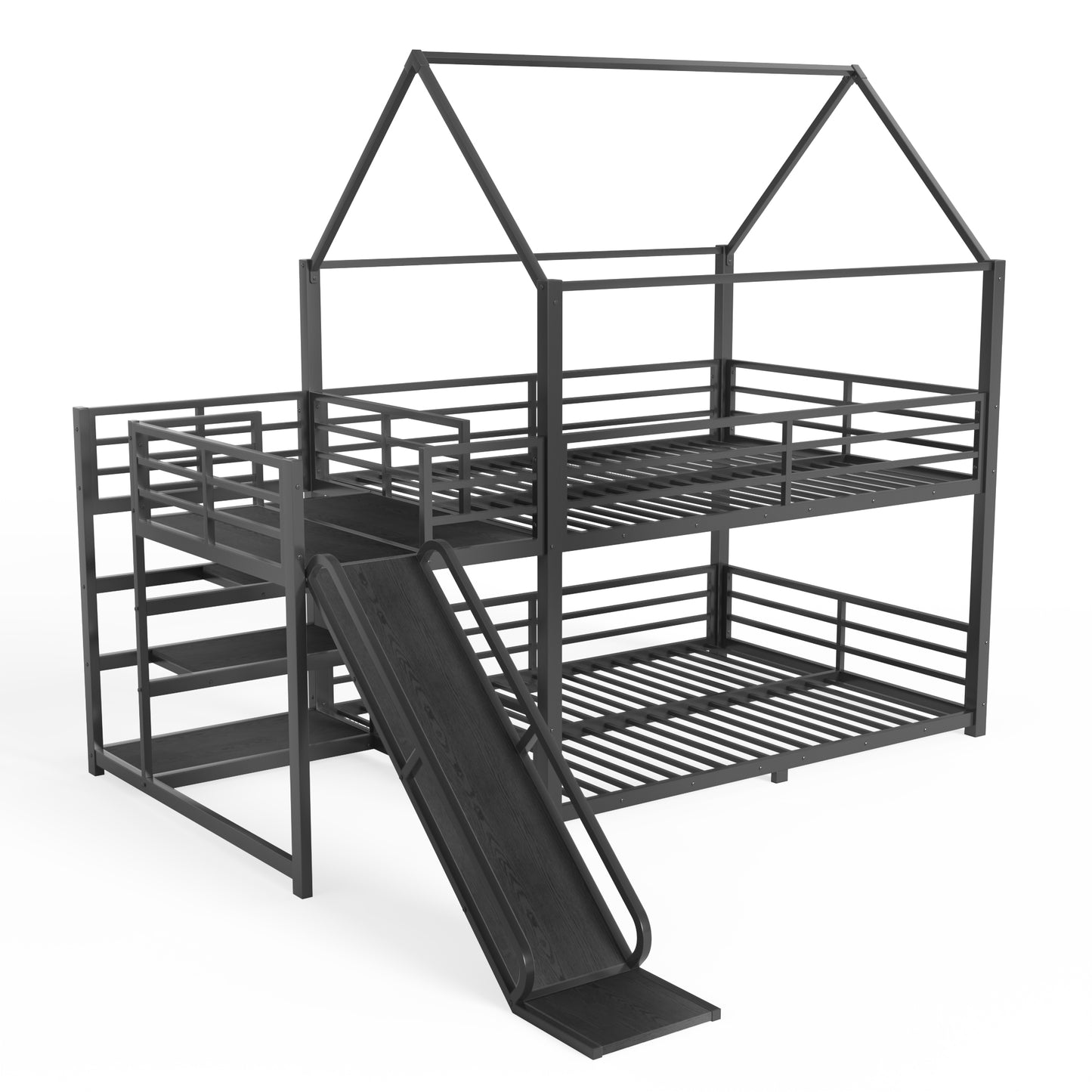 Full Metal House Bunk Bed with Storage Stairs, Slide, Safety Rails, Black image 12