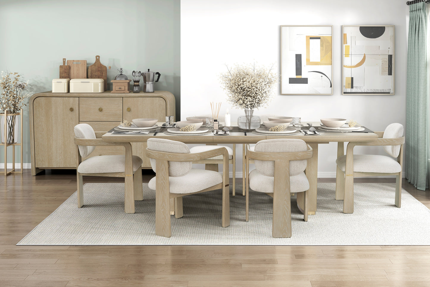 Modern Oak Finish Arm Chairs Set of 2 Beige Fabric Upholstery Curved Backrest Solid Rubberwood Dining Room Furniture image 12