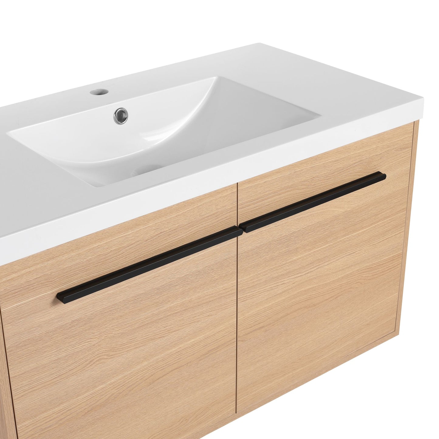 36" Wall Mounted Bathroom Vanity with Resin Basin, Natural Oak Finish, Double Door Plywood Cabinet, Modern Floating Vani image 20