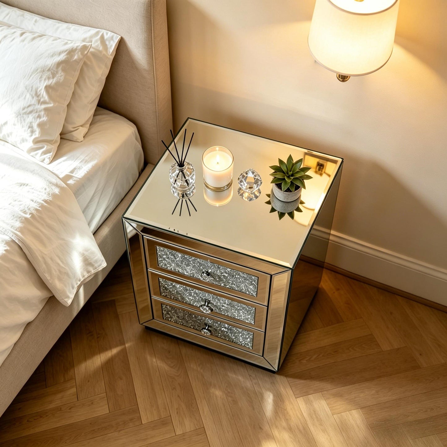 Mirrored Nightstand 3 Drawer, Silver Mirror Finish Bedroom Side Table with Crystal Handles for Living Room, Apartment, Office. Silver. image 12