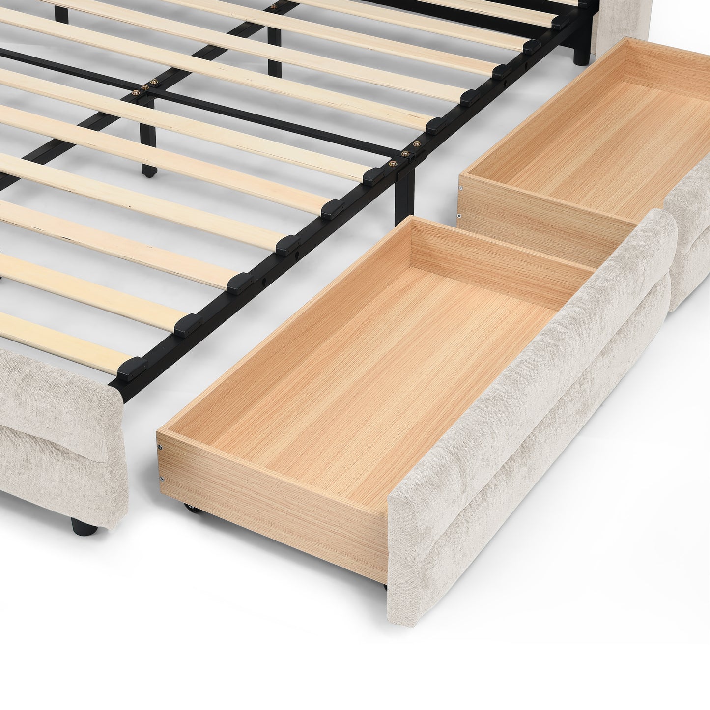 King Size Upholstered Bed Frame with Thick Fabric, comfortable upholstered bed frame, Chenille fabric, with headboard and solid bed frame. With drawer for storage-Beige(86.5''*84''*29.5'') image 12