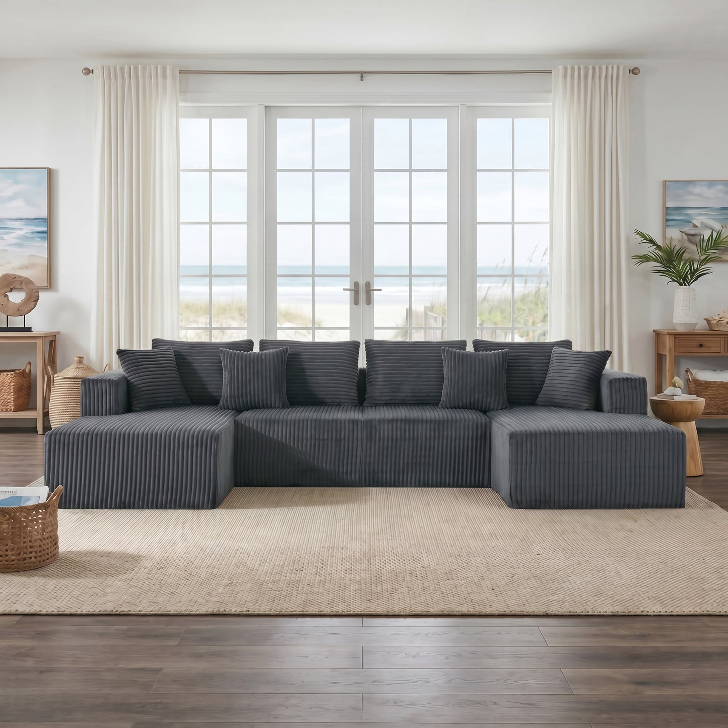 132.1 Inch Modular Sectional Sofa, U-Shaped Corduroy Sofa Couch with Double Chaise, Oversized Deep Seat Cloud Couch for Living Room, Apartment, Gray image 12