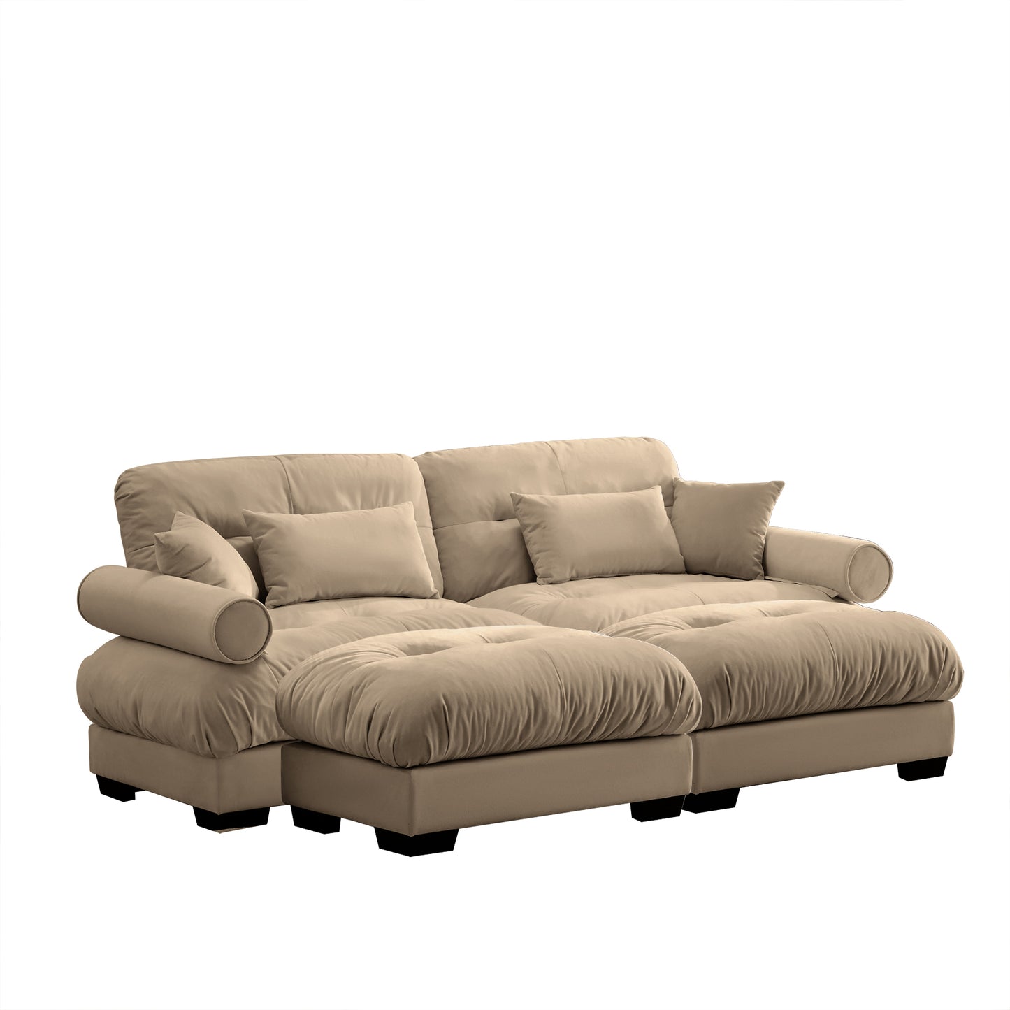 Over Size Modern Two-seater Sofa with Ottoman, Velvet 2-Seater with Round Bolster Armrests,With Waist Pillow and Throw Pillows, Reading Room, Loft and Bedroom,Camel image 12