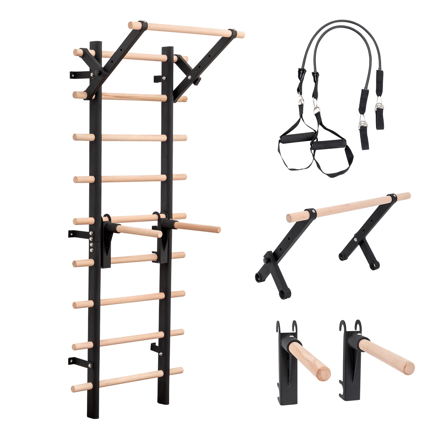 Wall Mount Swedish Ladder Home Gym Training Stall Bar with Adjustable Pull Up Dip Bars & Resistance Straps, Max 286lbs Capacity image 12