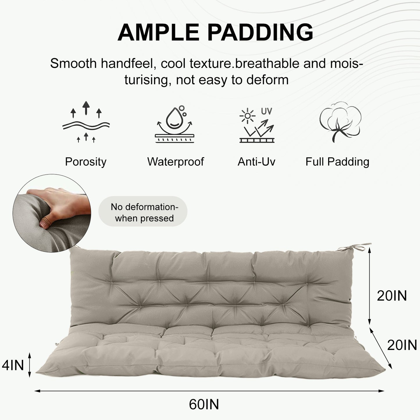 3 Seater Outdoor Porch Swing Cushion with Backrest,4 Inch Extra Thick Waterproof Swing Replacement Cushion, 2-3 Seat Thicken Patio Bench Cushion for Garden Backyard Outdoor Furniture (khaki) image 6