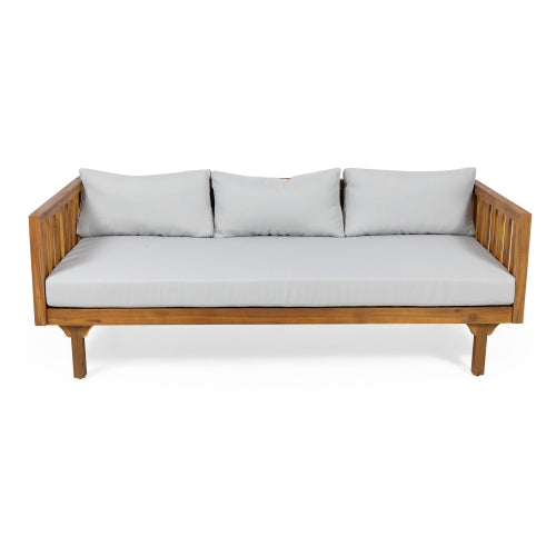 Acacia Wood Patio Furniture Set,Outdoor 3 Seater Daybed(with Water Resistant Thick Cushions)and Round Coffee Table, Light Gray Cushion image 12