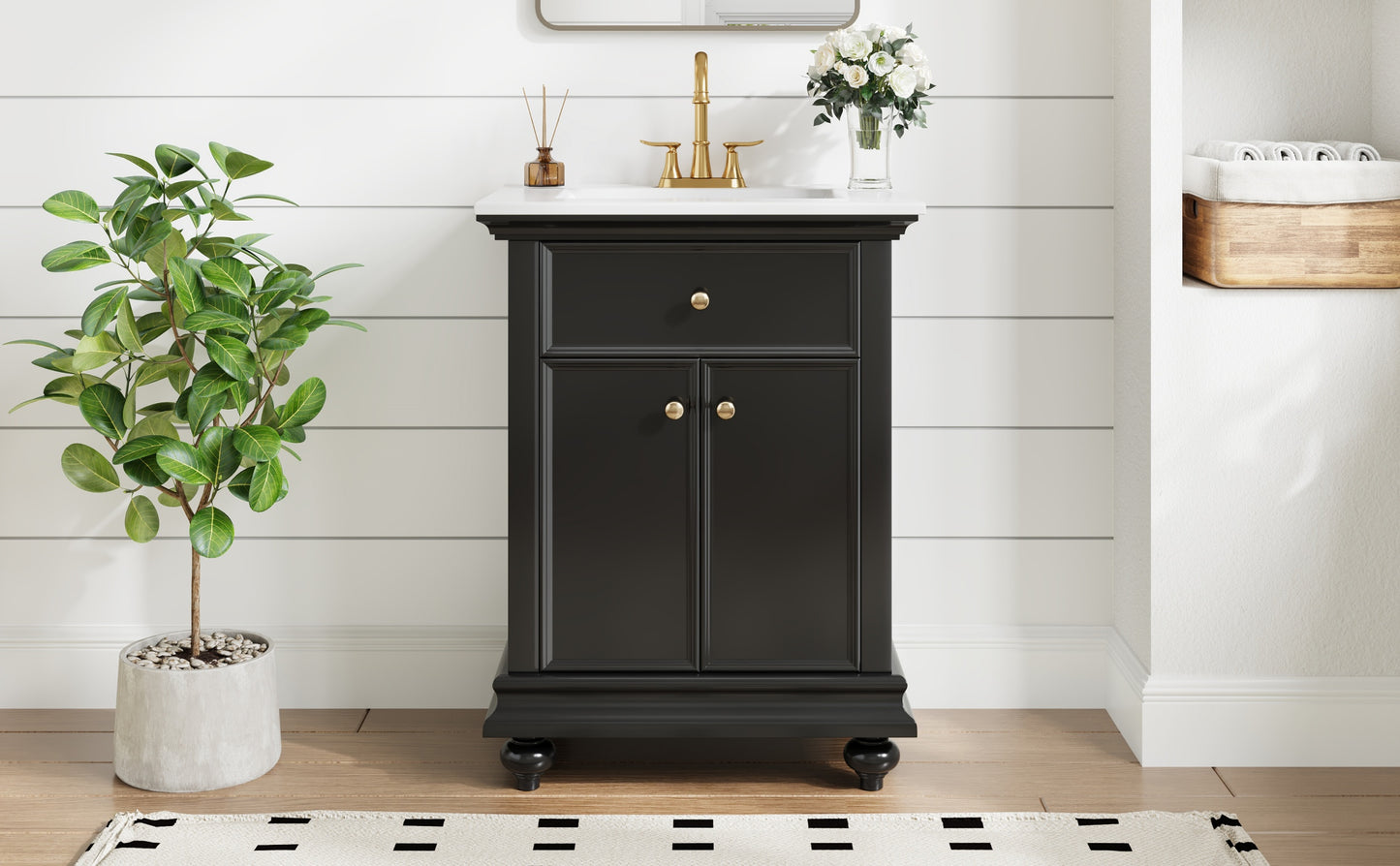 24" Modern Bathroom Vanity with A Tip-Out Drawer & Soft-Close Hinges, Bathroom Cabinet with Back Open Structure, Ball-Turned Legs with French Elegance image 12
