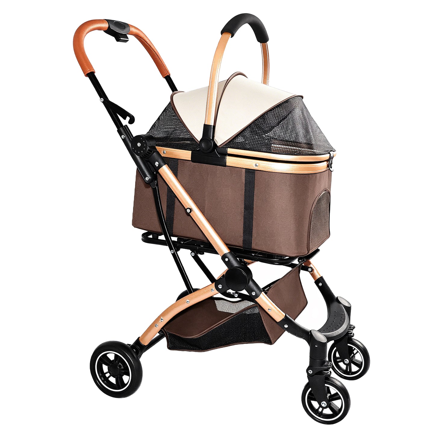 Pet Stroller for Dogs and Cats, 2-in-1 Detachable Foldable 4 Wheels Pet Stroller, Quick One-Hand Fold, Storage Basket, Detachable Carry Basket with Sun Canopy(Khaki++Gold) image 12