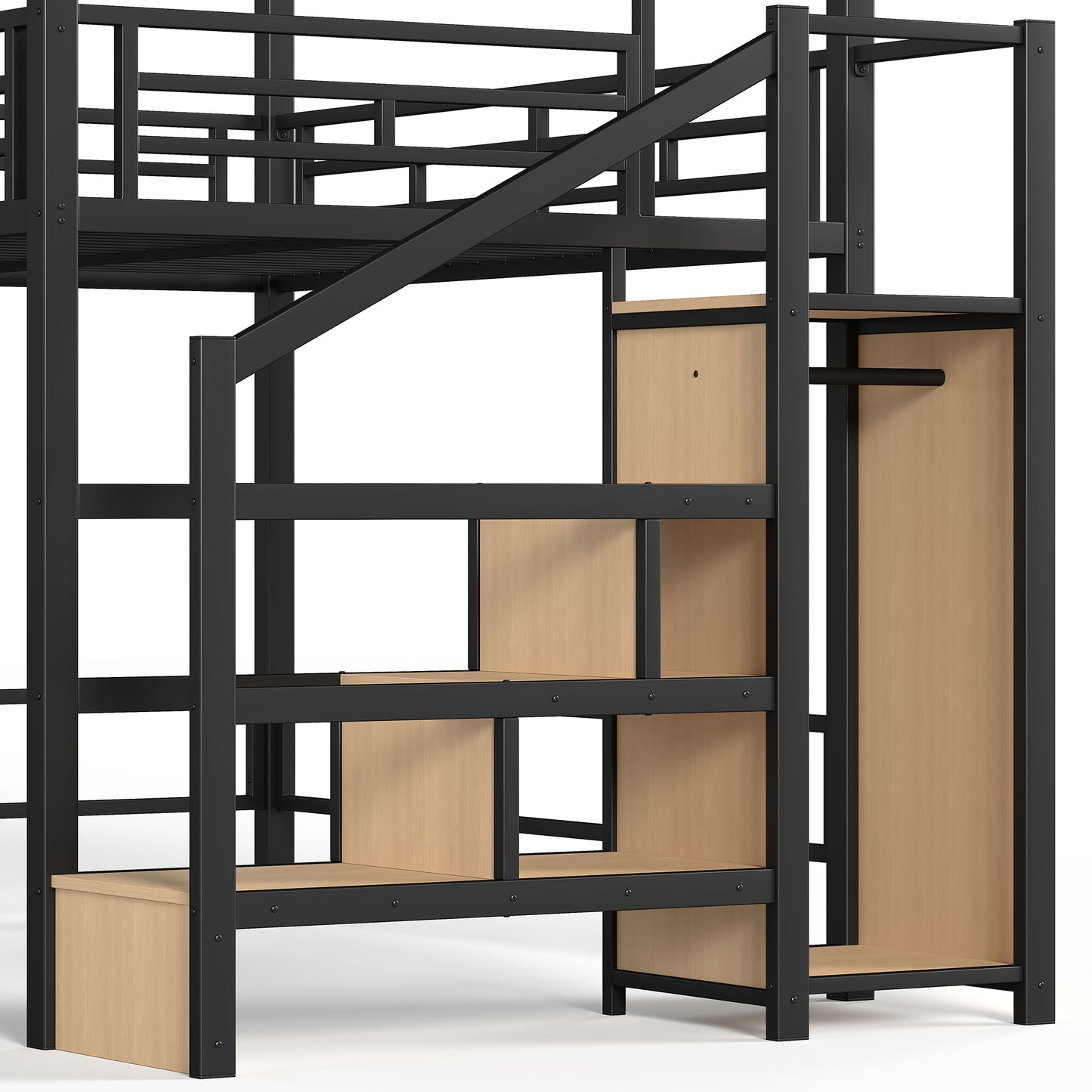 Full Loft Bed with Storage Stairs and Wardrobe, Metal Loft Bed with Canopy Frame, Ample Underbed Spaces Design, Black image 12