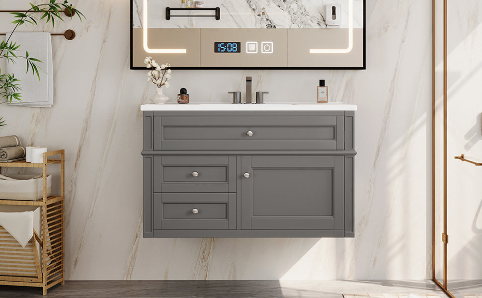 36'' Wall Mounted Bathroom Vanity, Floating Bathroom Storage Cabinet with 2 Drawers, 1 Tip-out Drawer, 3 Holes Single Ceramic Sink, Modern Cabinet. image 12