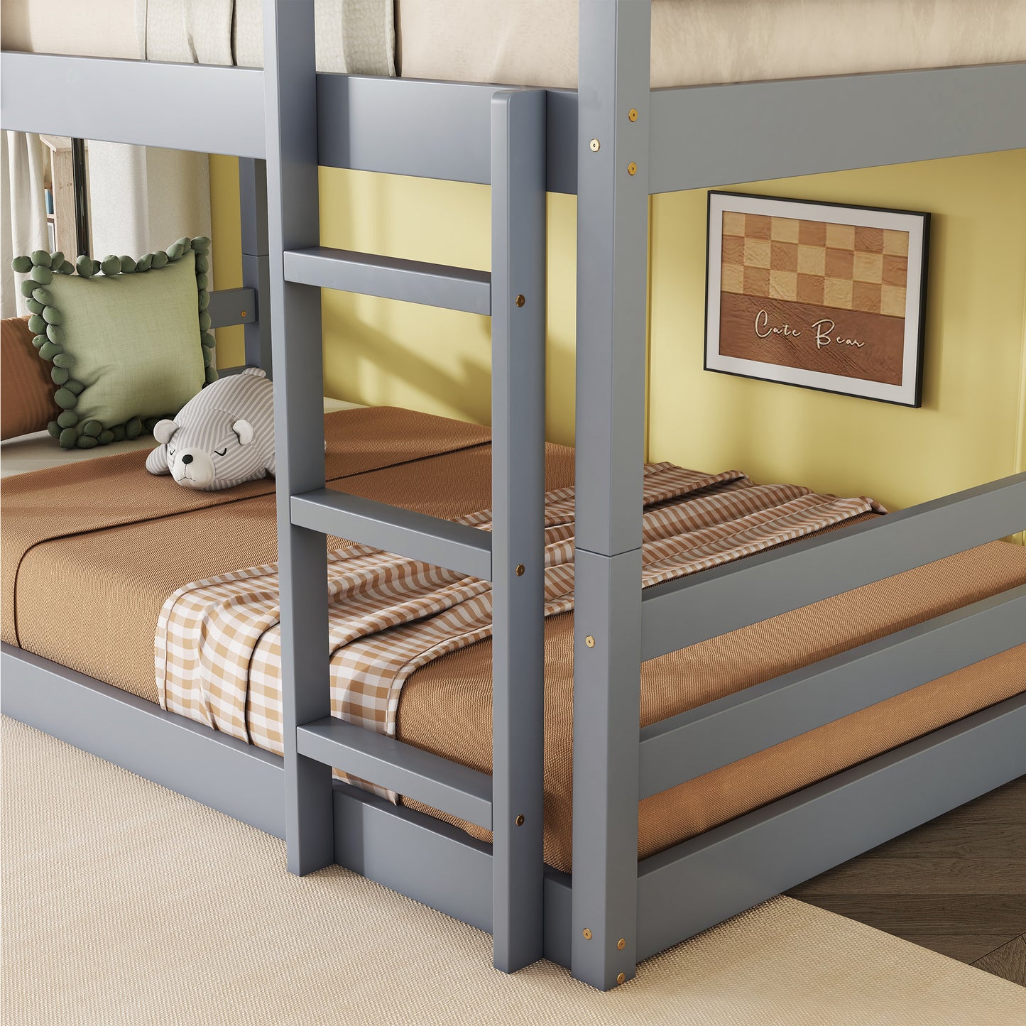 Triple Rubber Wood Bunk Bed with Two Built-in Ladders, Guardrails, Twin over Twin over Twin, Detachable Triple Twin Bunk Bed,Grey image 12