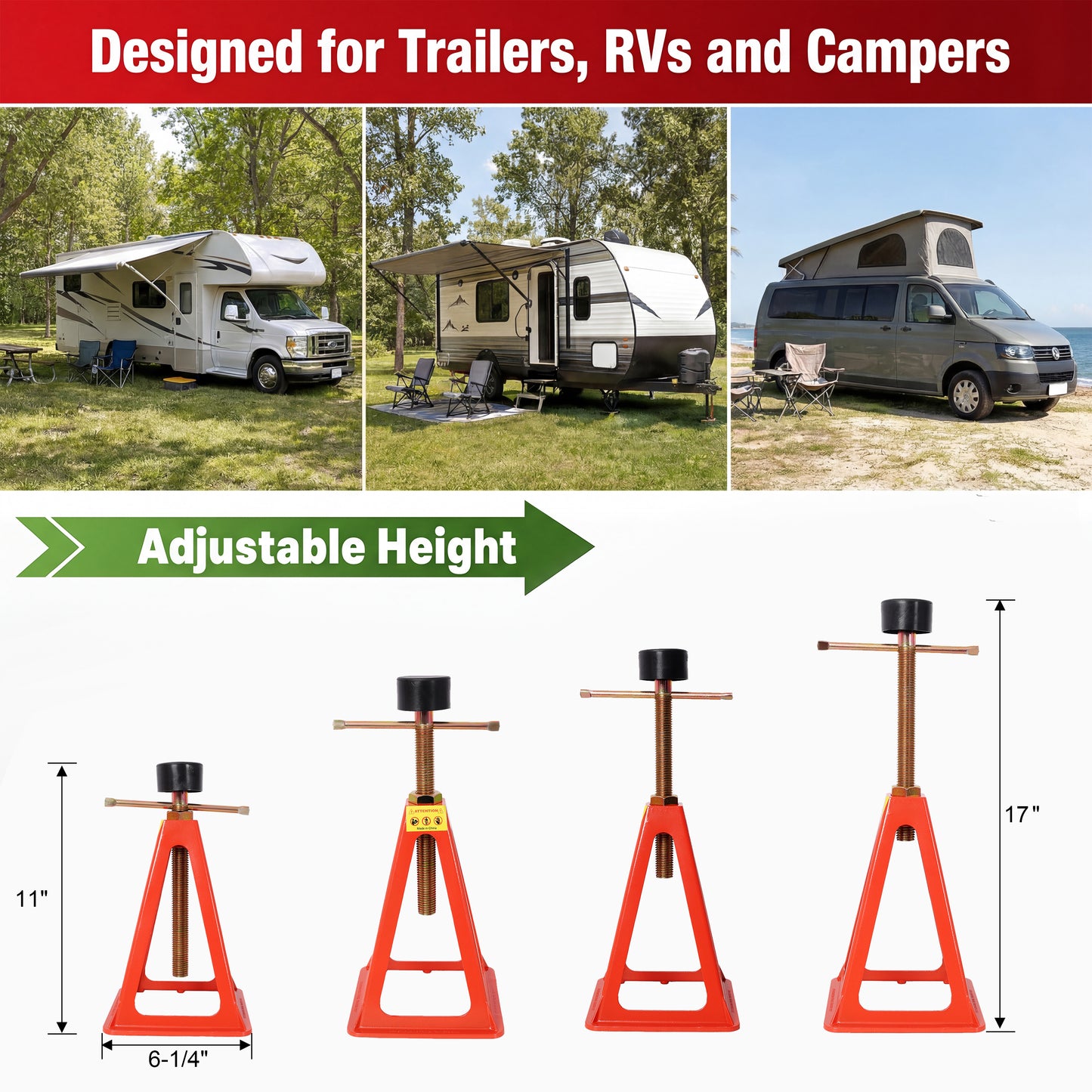 4-Pack RV Stabilizer Jacks, Heavy Duty Adjustable Screw Jack Stands for Travel Trailer Camper, 3300 Lbs Each Load Capacity, 11" to 17" Height Range, with Spare Nuts & Rubber Pads for RV Leveling & Sup image 9