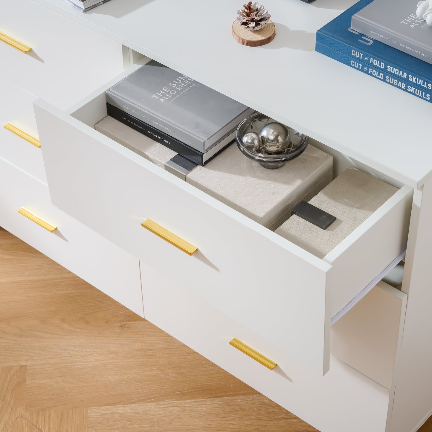 White 6 Drawer Dresser with Gold Handles & Metal Legs, Deep Storage Space, Modern Chest of Drawers, Wooden Dresser Tv Stand for TV Stand,Living Room, Hallway, Entryway image 11