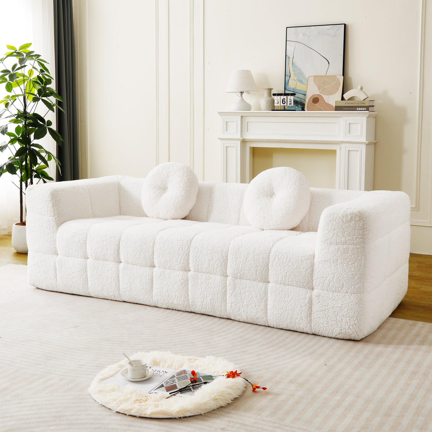 84.6-inch Modern Boneless Couch with Two Circular throw pillows,Skin-friendly lychee-textured long-pile polyester fabric,Checkered Fabric Design Three-Seater Foam Sofa image 12
