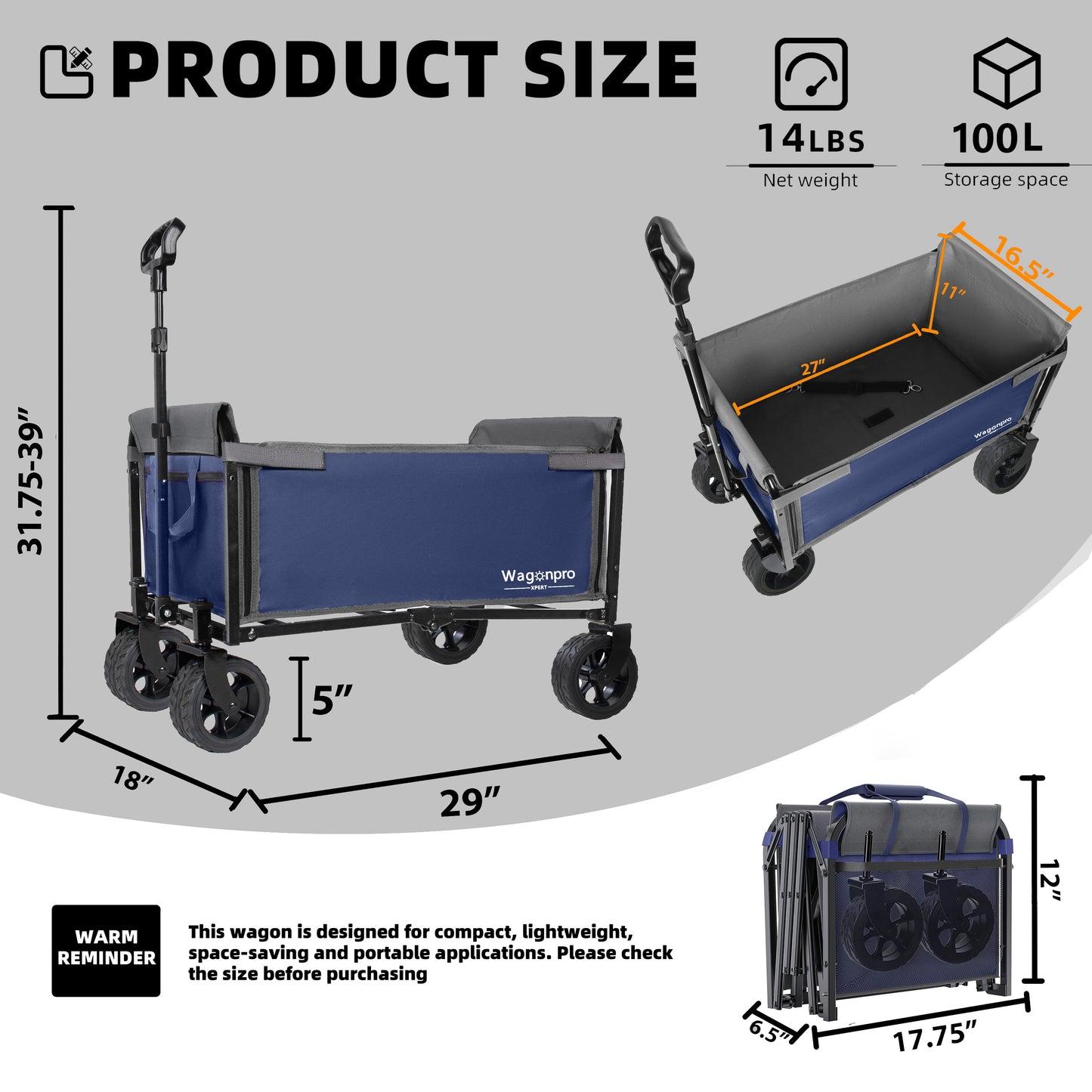 Upgraded 5*2" Wide Wheels, All-in-One Convertible Folding Trolley with Full-Side Opening & Dog Leash, Versatile Seating & Storage, 220Lbs Capacity for Camping, Beach, Shopping, Dark blue image 11