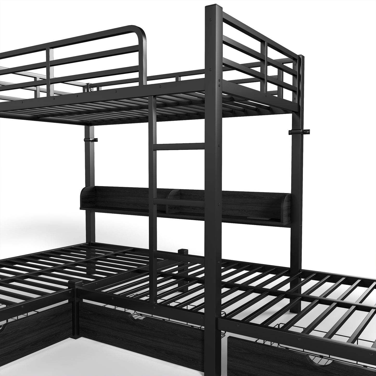 Triple Loft Bed with Storage Shelves and Drawers, Twin over Twin & Twin Loft Bed with Led Lights And Usb Ports, Space-Saving L-Shaped Loft Bed For 3, Black image 12