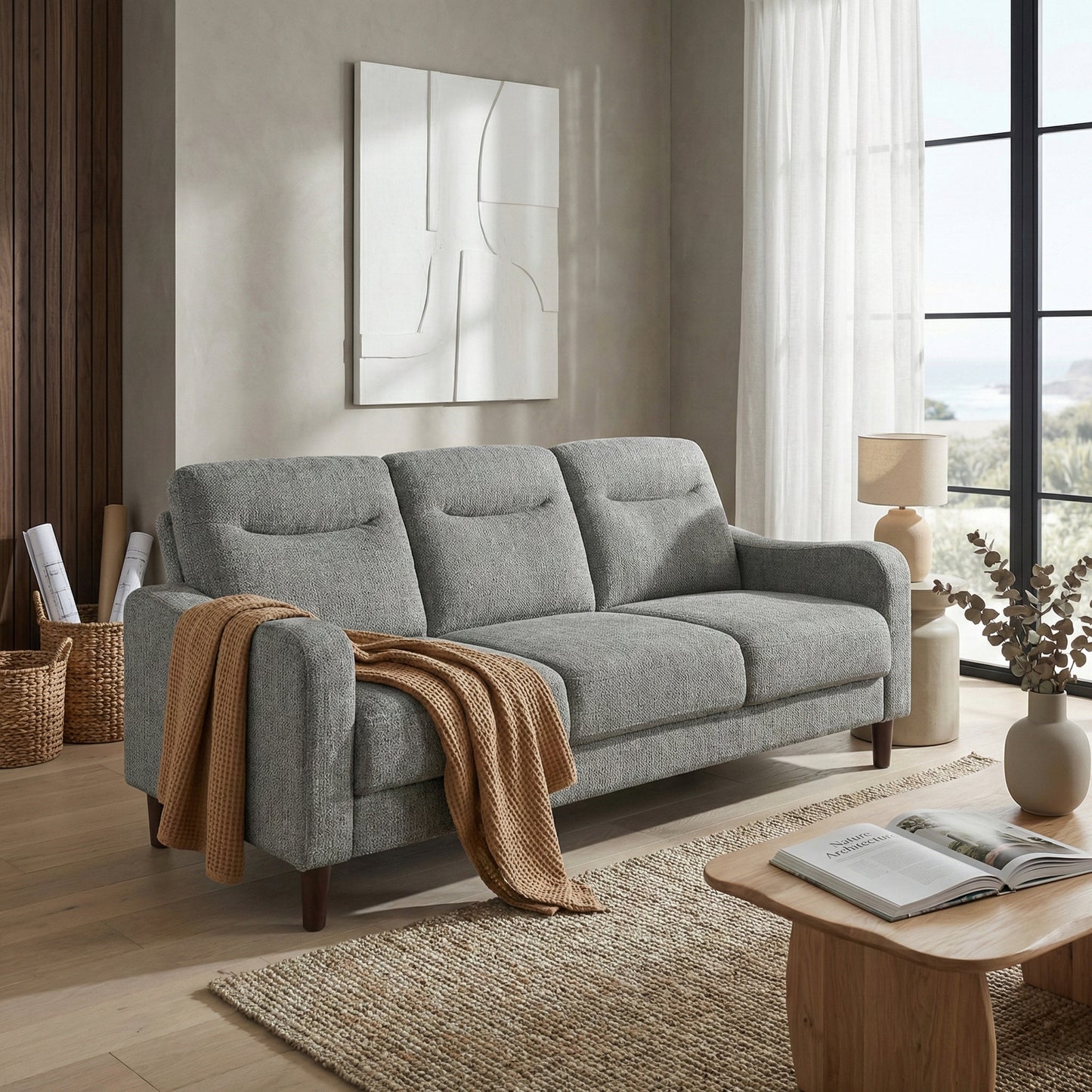 Modern Design 3-Seater Sofa Gray Chenille Upholstery Comfort Pocket Coils Classic Solidwood Frame Living Room Furniture 1pc image 12