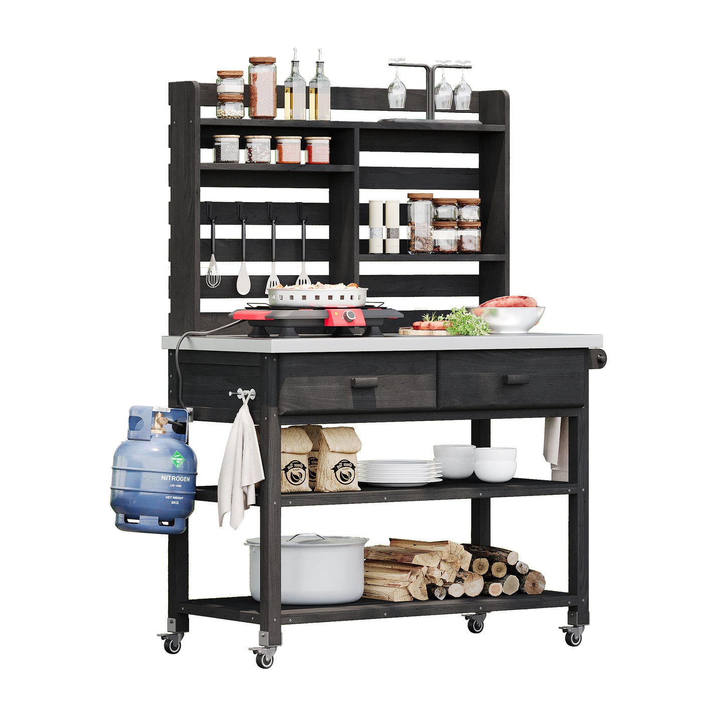 K&K 64.9"H Outdoor Potting Bench Table with Lockable Wheels, Solid Wood Outdoor Kitchen Island with Upper Hutch, Stainless Steel Top, Towel Rack,Outdoor Storage for Grilling, Lawn Garden -Black image 12
