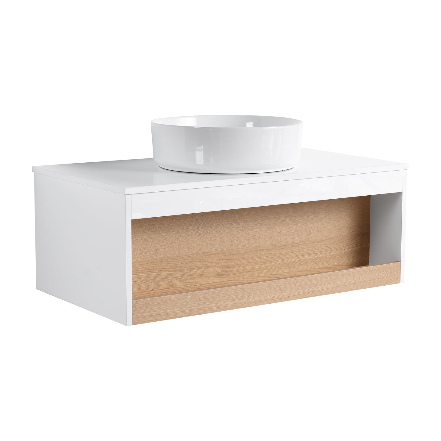 36" Floating Bathroom Vanity with Glossy White Round Vessel Sink, Wall-Mounted Vanity with Open Shelf Storage, White Finish with Durable Countertop, Space-Saving Modern Design (Ships in 2 Boxes) image 12