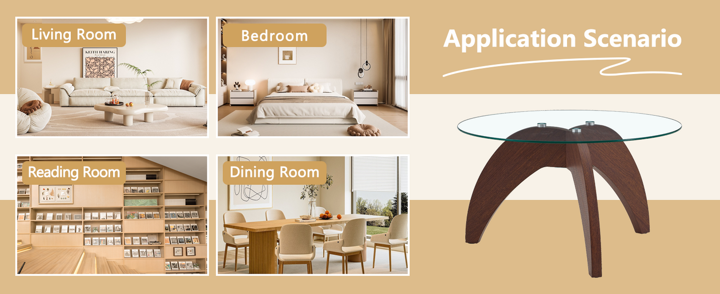 Creative claw-style triangular-leg round coffee table, approximately 27.5 inches in diameter, featuring a clear tempered glass top and walnut-colored MDF. Perfect as a living room coffee table,etc. image 12