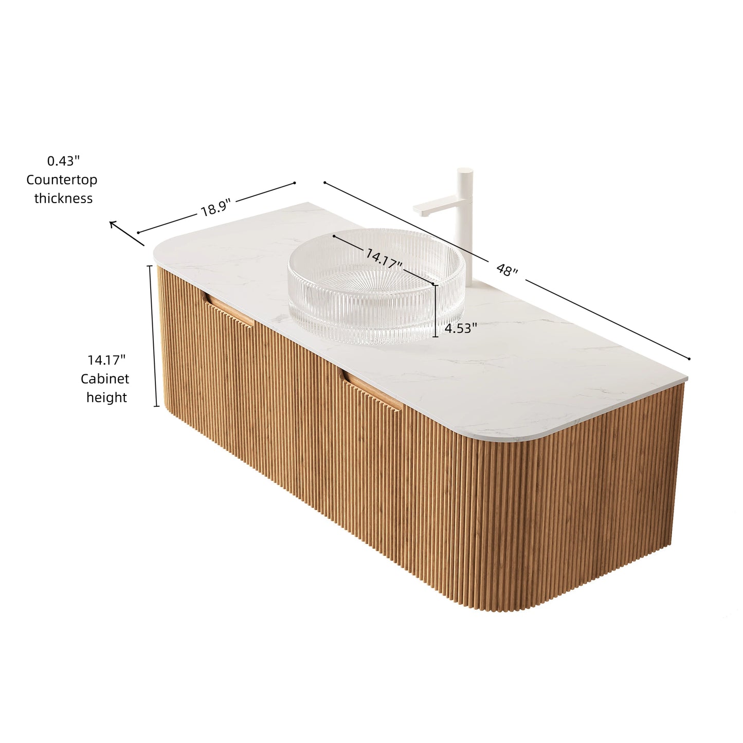 DINA 48" Bathroom Vanity&Sink, Floating Curved Edges Striped Storage Cabinet with 2 Drawers, Transparent Round Glass Basin&Carrara White Sintered Stone Top, Pre-assembled, Natural Woodgrain Color image 5