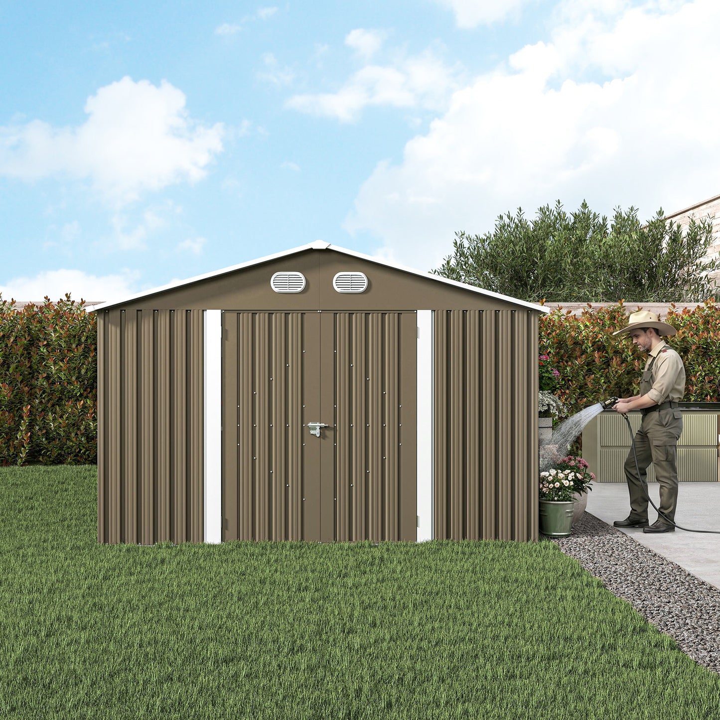 10x12 FT Outdoor Metal Storage Shed, Large Storage Sheds with Sturdy Frame Structure, Metal Garden Tool Shed with Lockable Door for Garden,Gift a foldable flower pot stand, Backyard,BROWN image 12