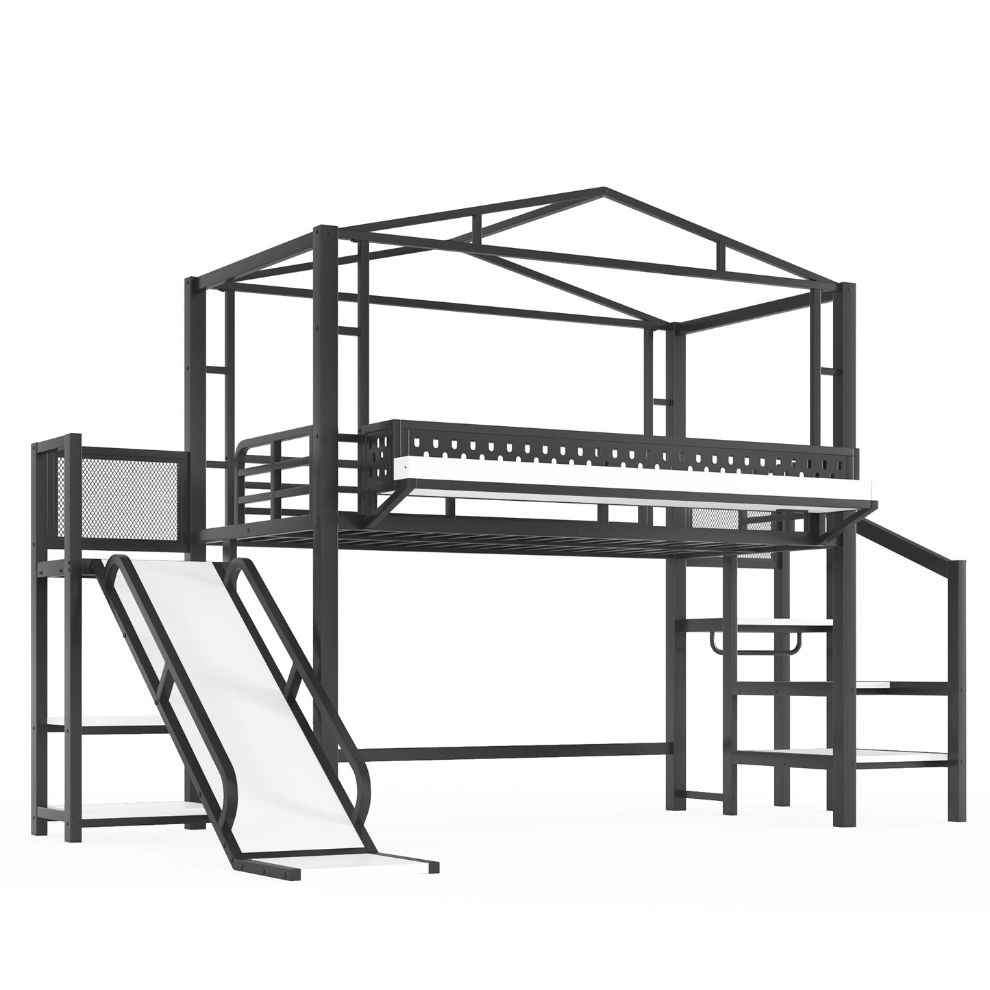 Twin Size Loft Bed with Storage Stairs, Shelves and Built-in Wardrobe, Metal Loft Bed Frame with USB Ports and LED Lights, Noise-reduced Design, Black image 12