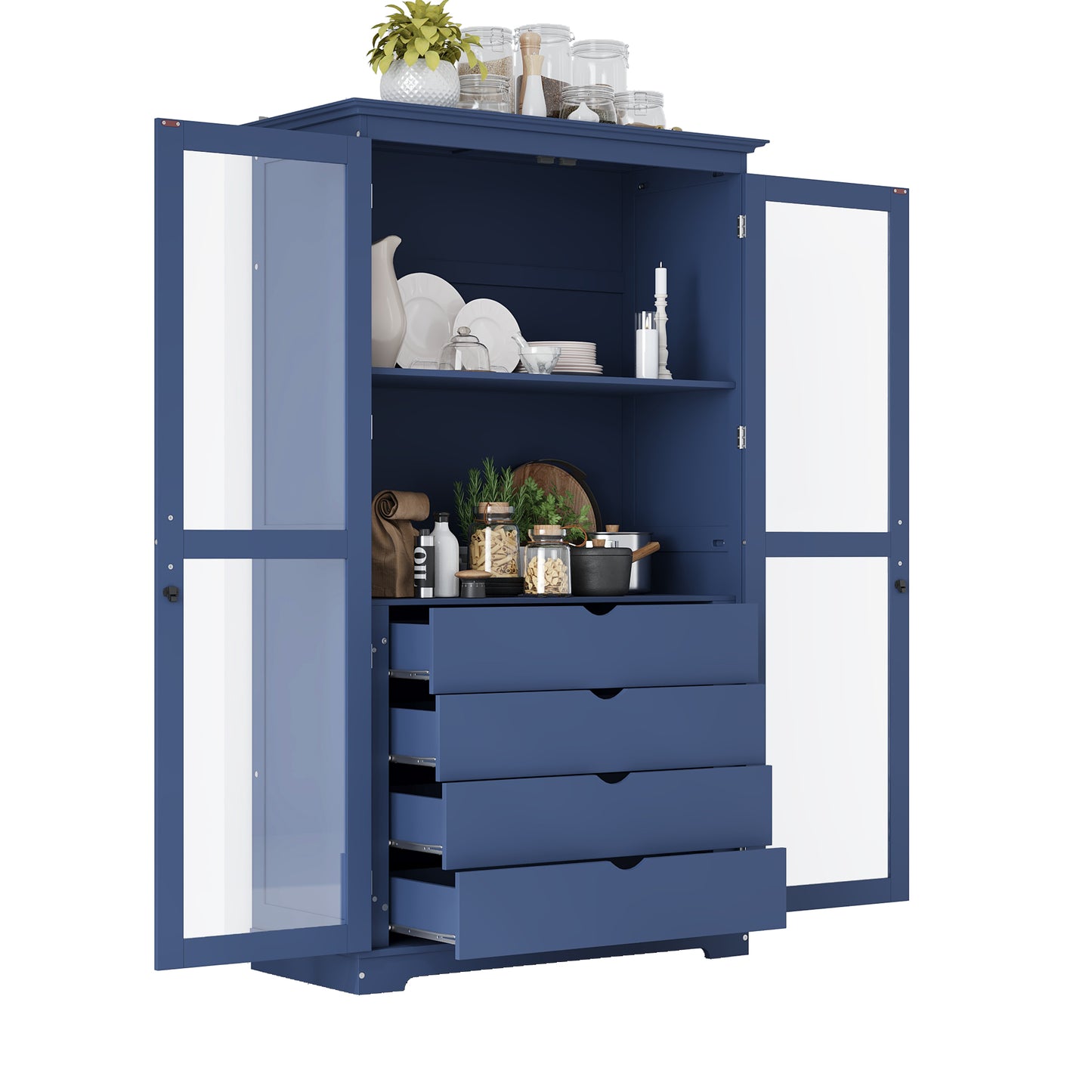 TOPMAX 44.7x20x75inch Kitchen Pantry, Freestanding Kitchen Storage Cabinet Display Cabinet with Glass Doors and 4 Built-in Drawers for Living Room, Home Office, Blue image 12