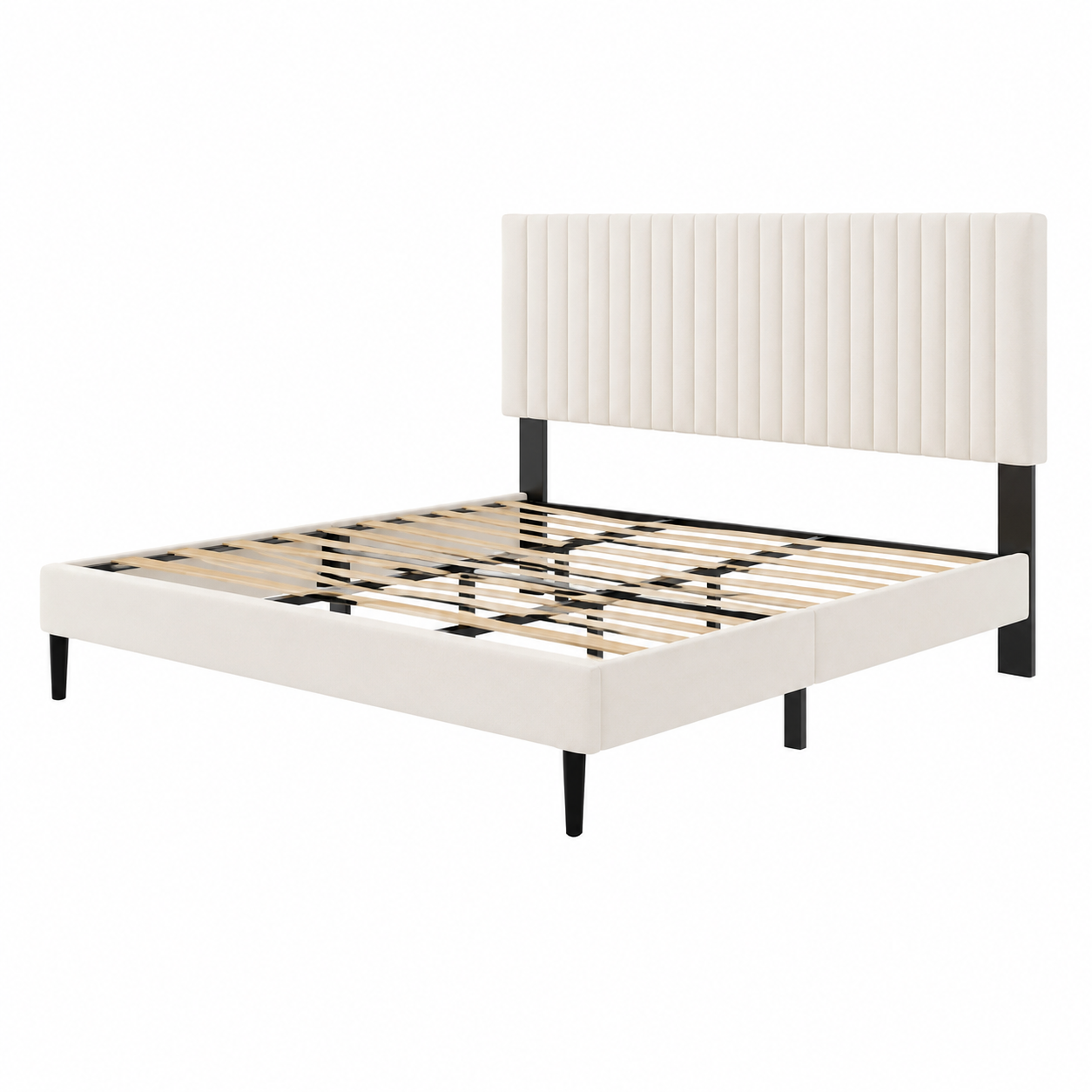 Queen Size Bed frame, Velvet Upholstered Platform Bed with Height-Adjustable Headboard, Sturdy Frame and Alats, Quiet Design, No-Spring Mattress Compatible, Easy to Assemble, Beige image 8