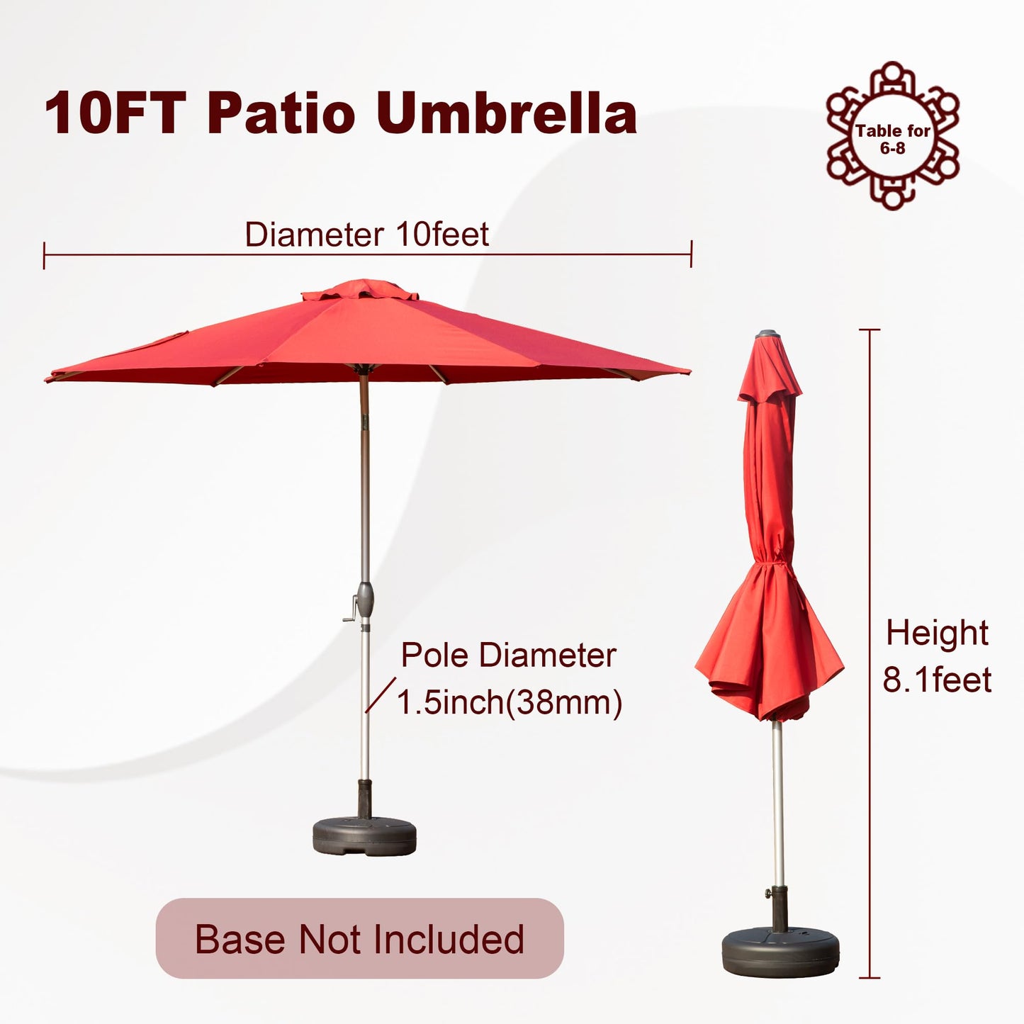 10FT Patio Umbrella, Outdoor Table Umbrella with Push Button Tilt and Crank, UV Protection Waterproof Market Sun Umbrella with 8 Sturdy Ribs for Garden, Deck, Backyard, Pool (Brick red) image 5