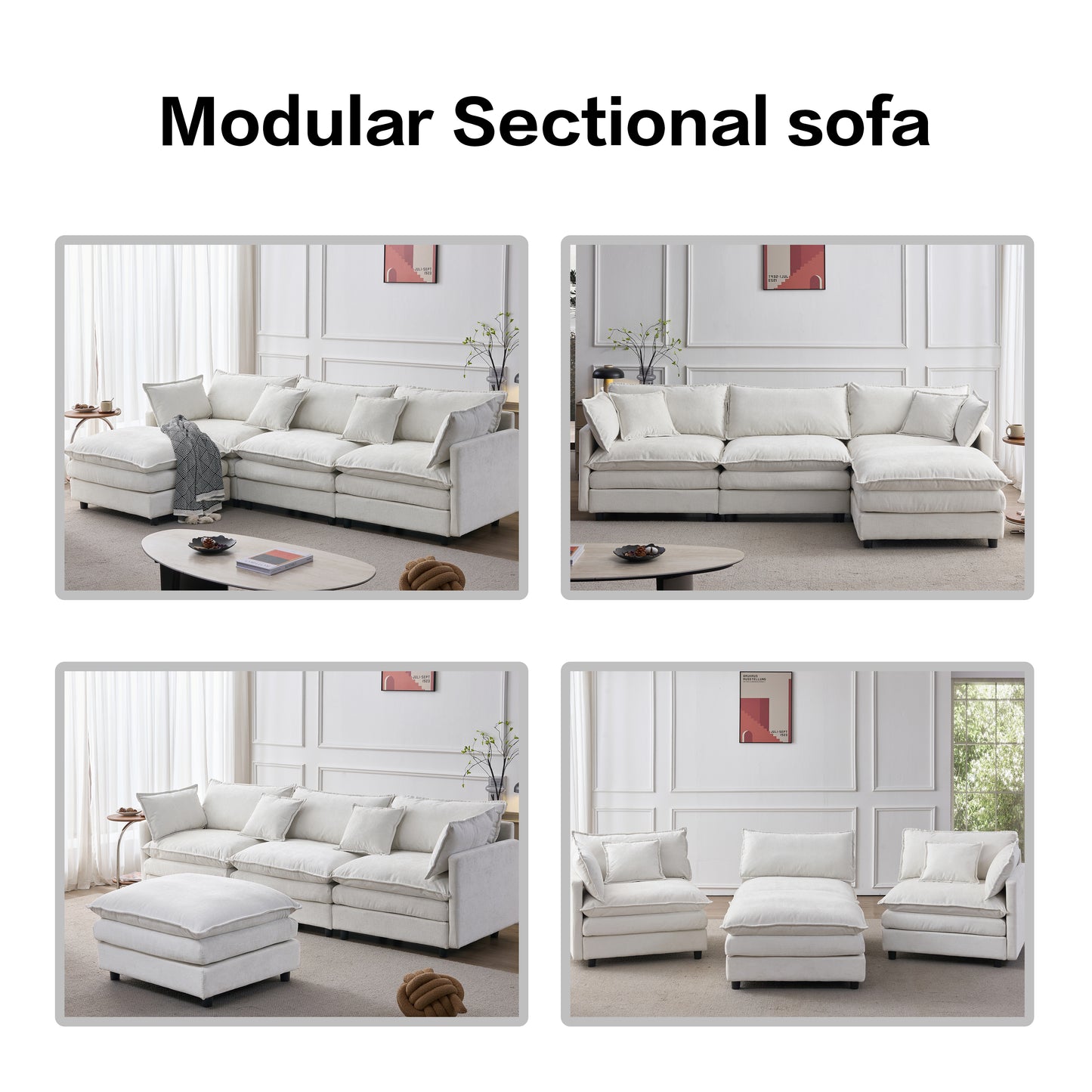 105" Modular Sectional Couch,Upholstered Soft Chenille Fabric Sofa,3 Seater with Ottoman L Shape Sofa Beige image 12