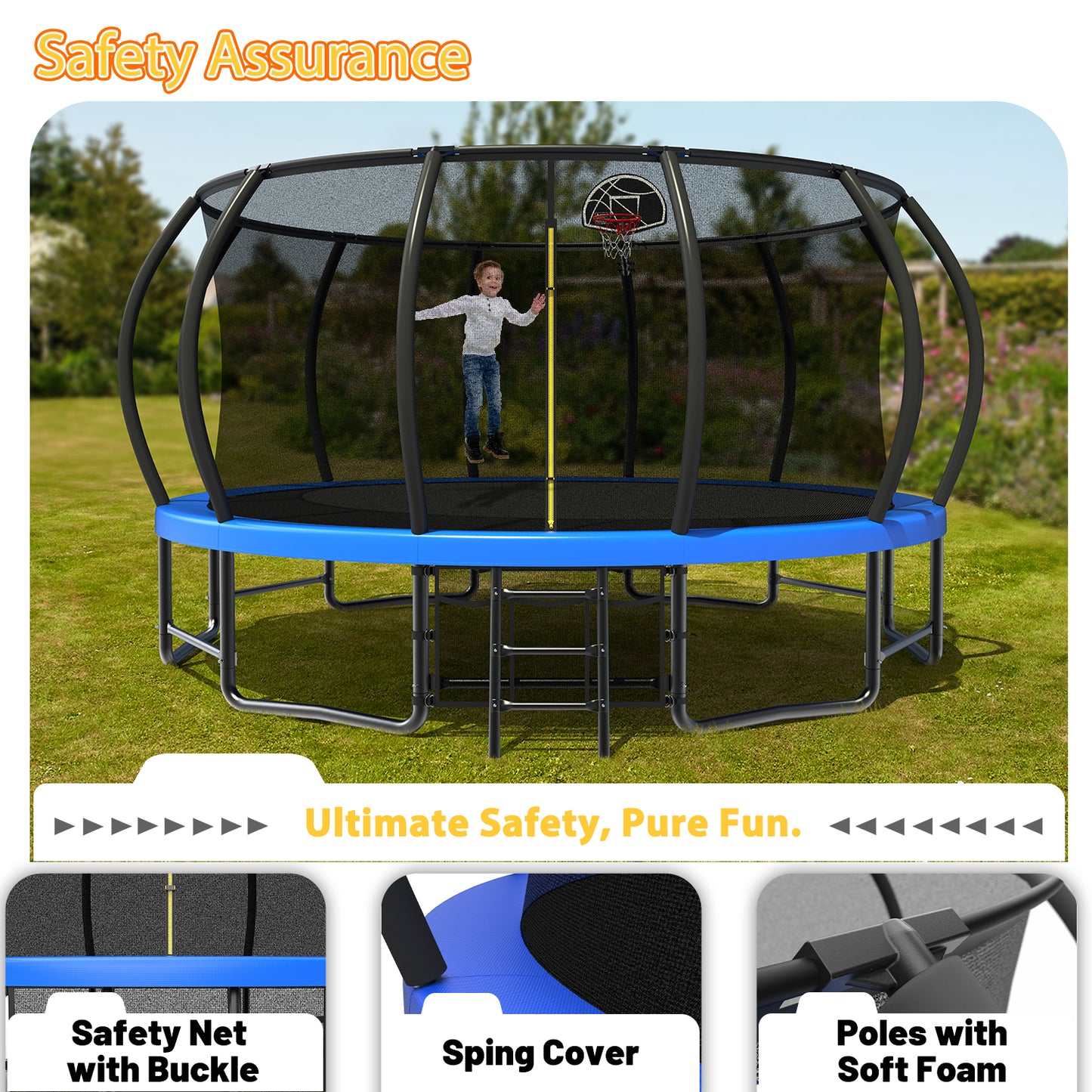 16FT Outdoor Trampoline for Kids and Adults, Pumpkin Trampolines with Curved Poles,Heavy Duty Trampoline Anti-Rust Coating ASTM Approval image 9