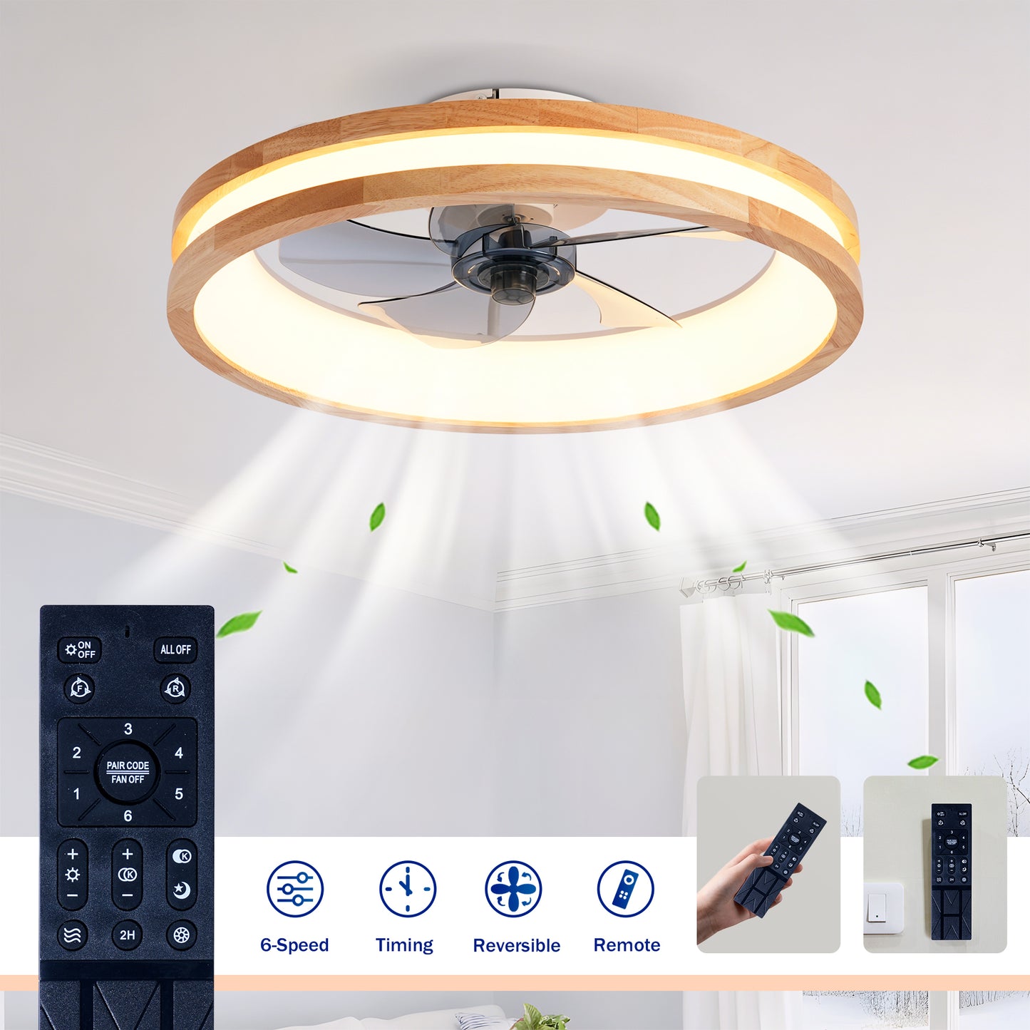 Ceiling Fans with Kit,LED Light Source and Remote Control, 3000-6500K Dimmable Modern Flush Mount LED Fan Light, 6 Speeds, Quiet DC Motor For Living room, Bedroom,Kitchen----Natural Wood + White image 12