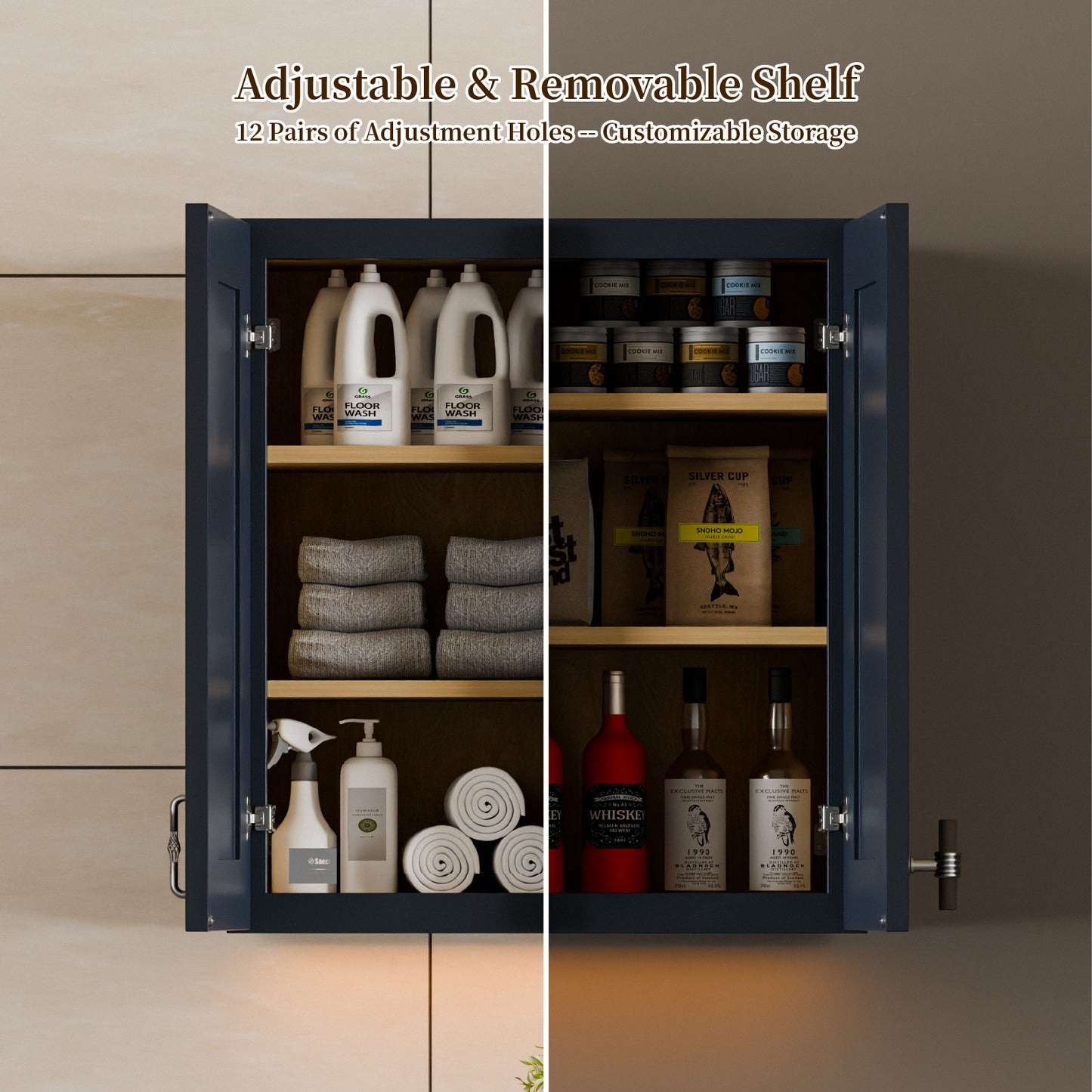 33" Navy Blue Shaker Wall Cabinet Solid Wood with 3 Adjustable Shelves Ready-to-Assemble for Kitchen, Bathroom, Laundry, and Garage Storage (33"W×12"D×42"H) image 9