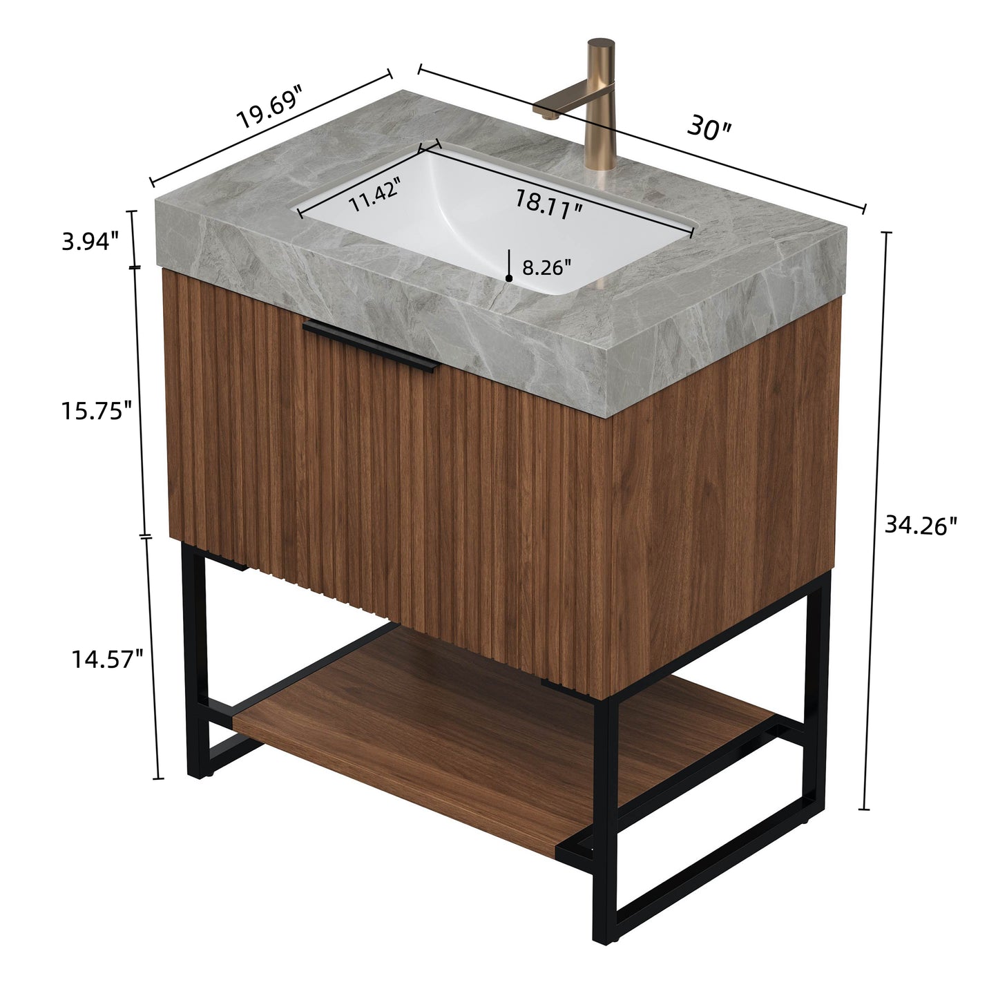 YOLAN 30" Bathroom Vanity&Sink, Freestanding Striped Plywood Storage Cabinet with Drawer&Open Shelf, Light Gray Sintered Stone Top&Undermount Ceramic Basin, Pre-assembled, Dark Walnut Woodgrain Color image 5