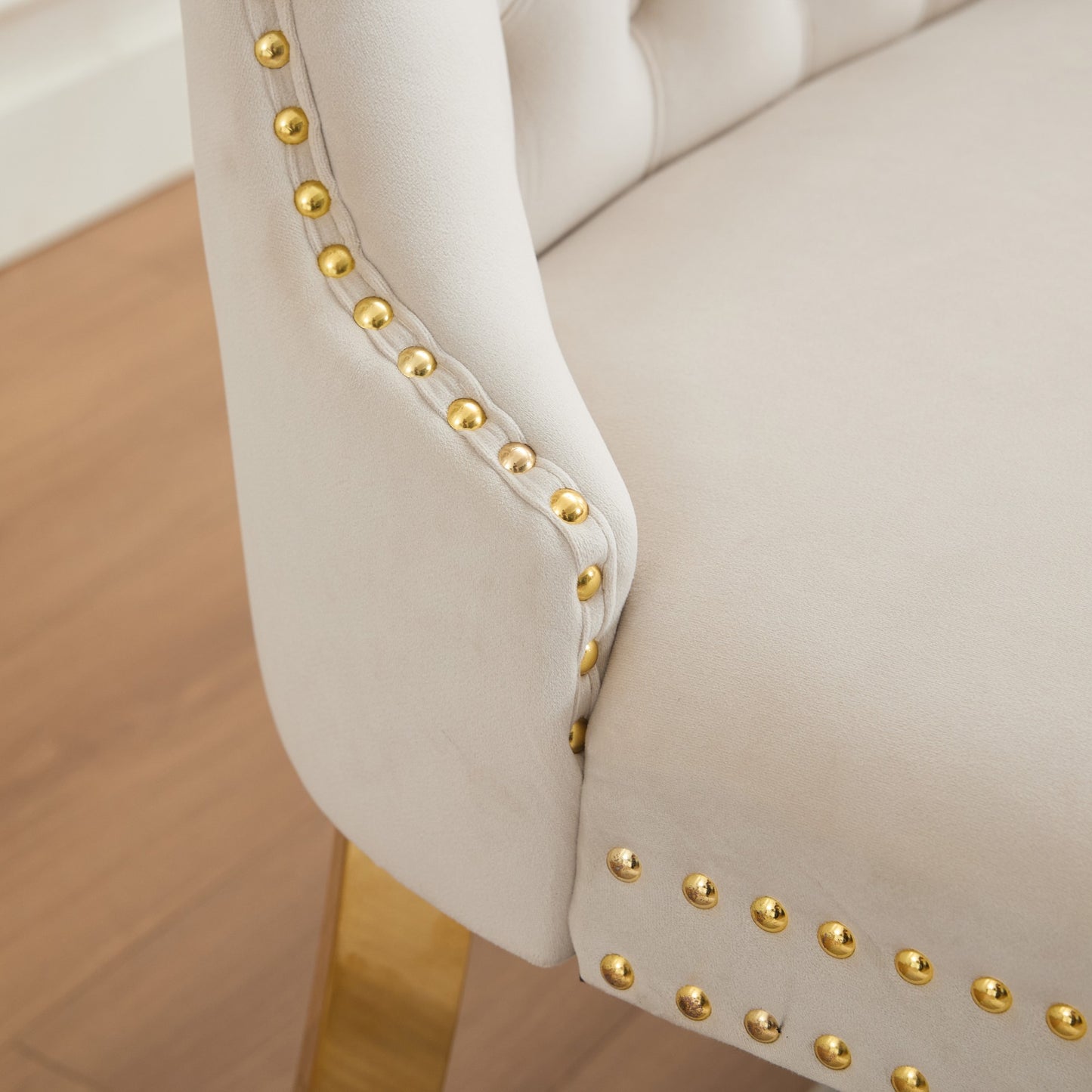 Velvet Double Dining Loveseat Bench, Kitchen & Dining Seating, 2-Seat Tufted Bench w/Handmade Buttons, Wing Back, Gold-Plated Steel Legs, Mid Century Modern,Single Pack,Beige,SW1602BG image 12