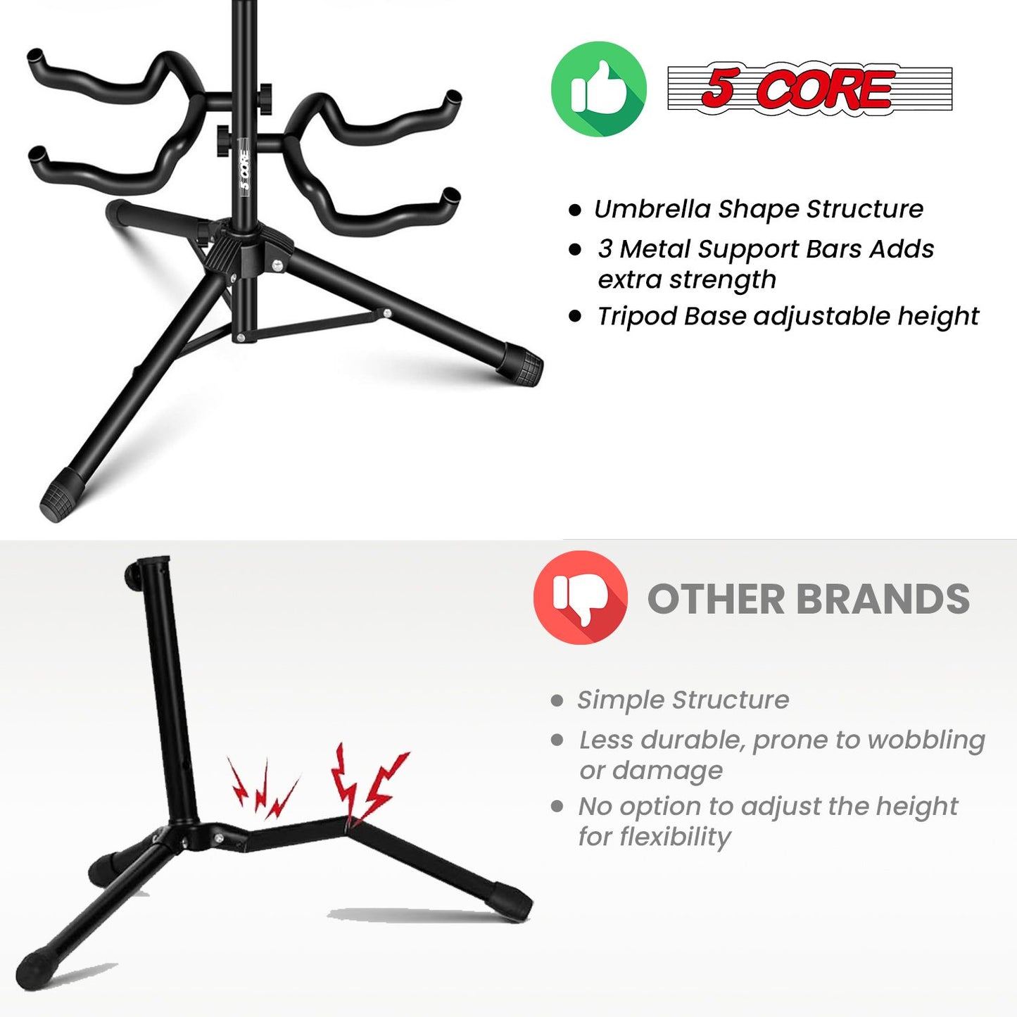 5 Core Guitar Stand Adjustable Double Guitars Stands Floor w Neck Holder Universal Supports for Acoustic Electric Classi image 10
