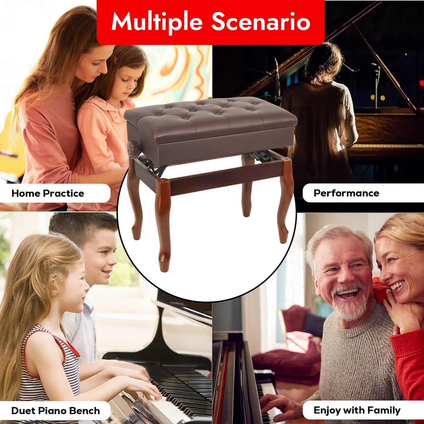 5 Core Piano Bench Wooden Height Adjustable Stool Heavy Duty Keyboard Seat with Storage - PNB WD HD BR image 13