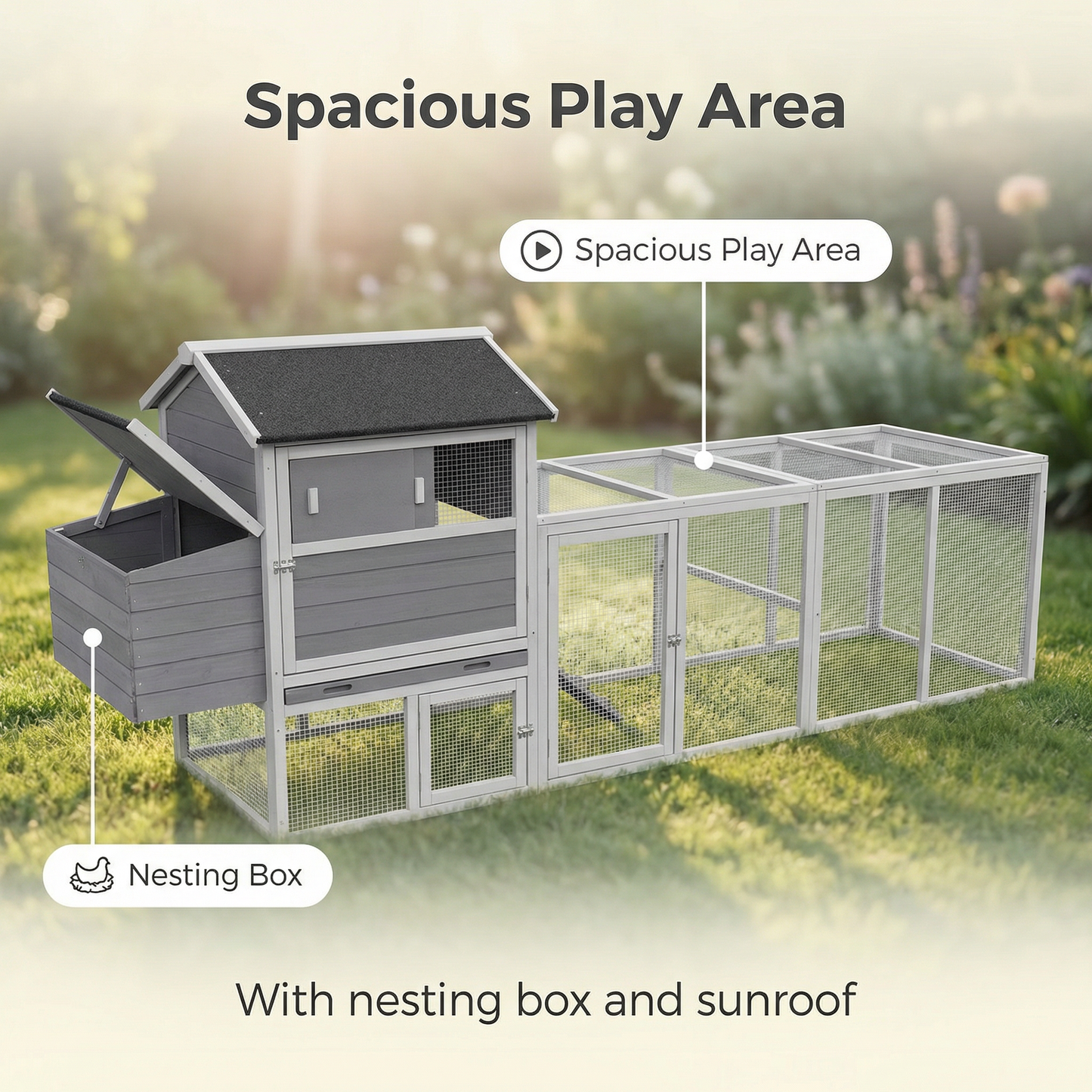 Gray Wooden Chicken Coop, Large Outdoor Hen House with Run and Nesting Box Poultry Cage, Rabbit Hutch, Waterproof Anti-UV Panel for Backyard image 12