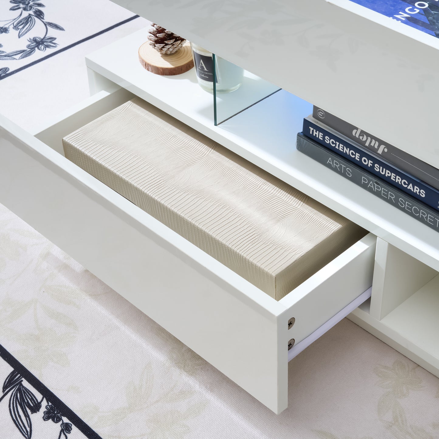 39.3" Lift Top Coffee Table with Hidden Compartment, 2 Storage Drawers and Ajustable LED Lights,Modern Multifunction Coffee Tables for Living Room, Bedroom,Office(White) image 12