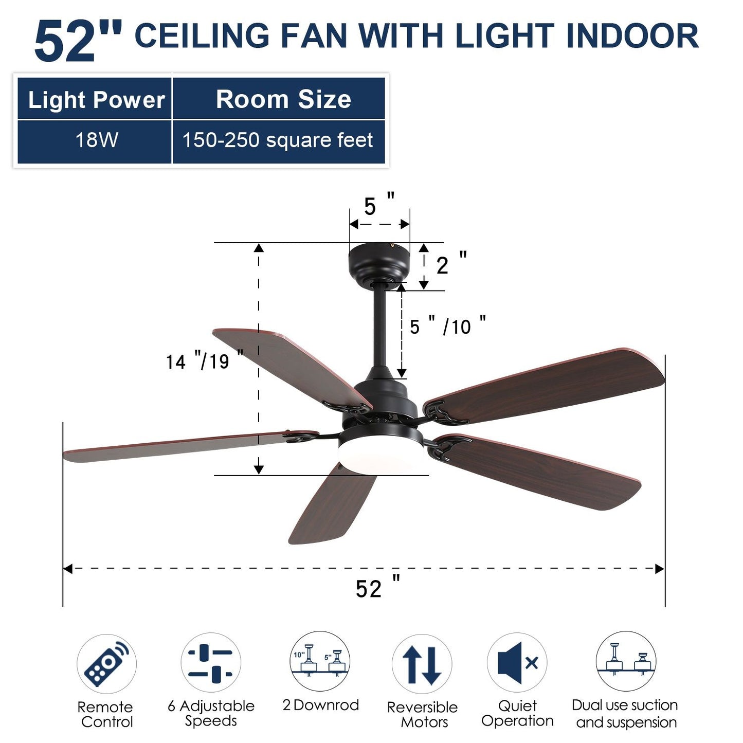 52 Inch Classics Ceiling Fan With Led Light 6 Speed Wind 5 Blades Remote Control DC Motor For Indoor image 8